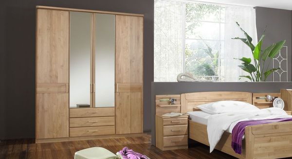 Drehtüren-Kleiderschrank Sanando Erle teilmassiv mit Spiegel und Schubladen