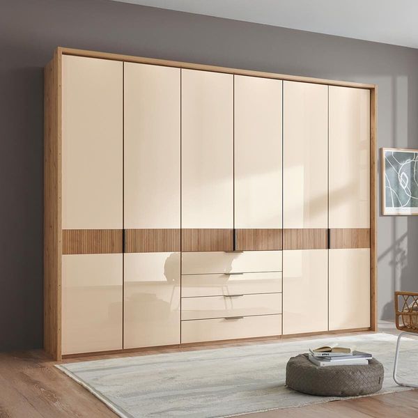 Drehtüren-Kleiderschrank Solya Eiche teilmassiv mit Glasfront und Schubladen