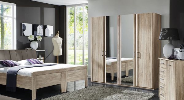 Drehtüren-Kleiderschrank Runcorn Eiche Dekor mit Spiegel