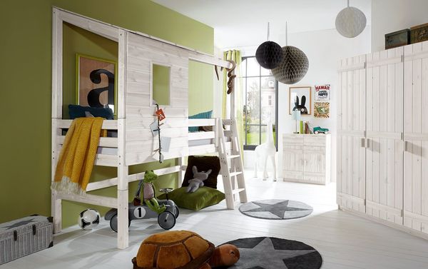 Abenteuer-Mini-Hochbett Kids Paradise Kiefer Massivholz mit Lattenrost 90x200 cm