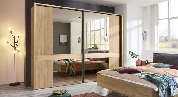 Schwebetüren-Kleiderschrank Vitoria Eiche Dekor mit Spiegel