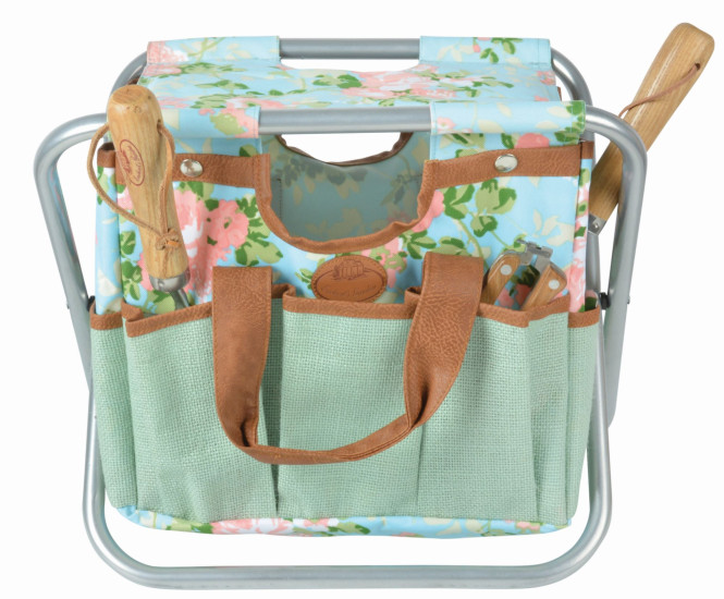 Esschert Design Jute Gartengerätestuhl mit Rosendruck, 40 x 31 x 31 cm, mit zahlreichen Taschen, klappbar, mit Trageschlaufe