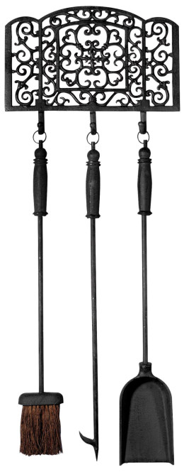 Esschert Design Kaminbesteck Set bestehend aus: Kaminschaufel, Kaminbesen, Schürhaken mit Halterung, fest montierbar, in schwarz