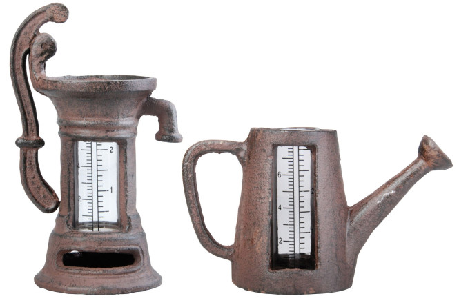 2 Stück Esschert Design Regenmesser, Niederschlagsmengenmesser Motiv Pumpe oder Kanne, sortiert