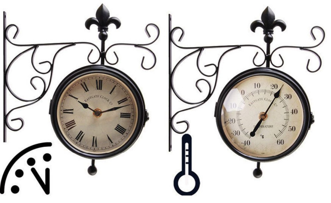 Esschert Design Wanduhr, Bahnhofsuhr mit Thermometer, Temperaturmesser, ca. 25 cm x 10 cm x 30 cm