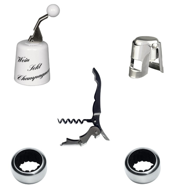 homiez 5er Wein-/ Sekt-Set bestehend aus 2 Tropfenfänger, 1 Champagnerverschluss, 1 Weinflaschenverschluss und 1 Kellnerbesteck