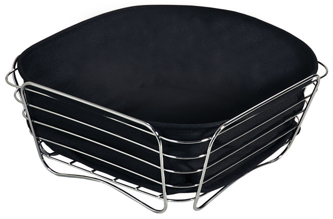 Kesper Brot- & Obstkorb aus Edelstahl, verchromt, 26 x 26 x 11 cm, mit herausnehmbarer schwarzer Stoffeinlage, Frühstückskorb