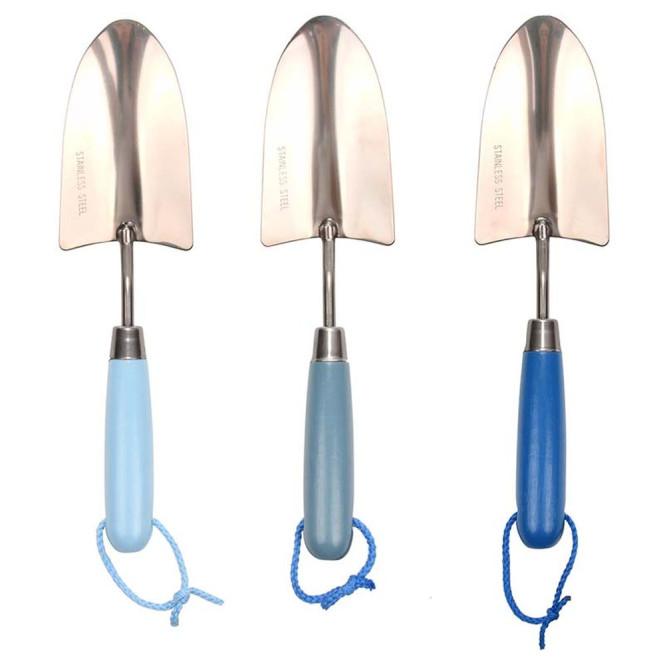 Rivanto® Blautöne Edelstahl Blumenkelle mit Holzgriff, Aufhängelasche, farbig sortiert, Handschaufel für Beet & Garten