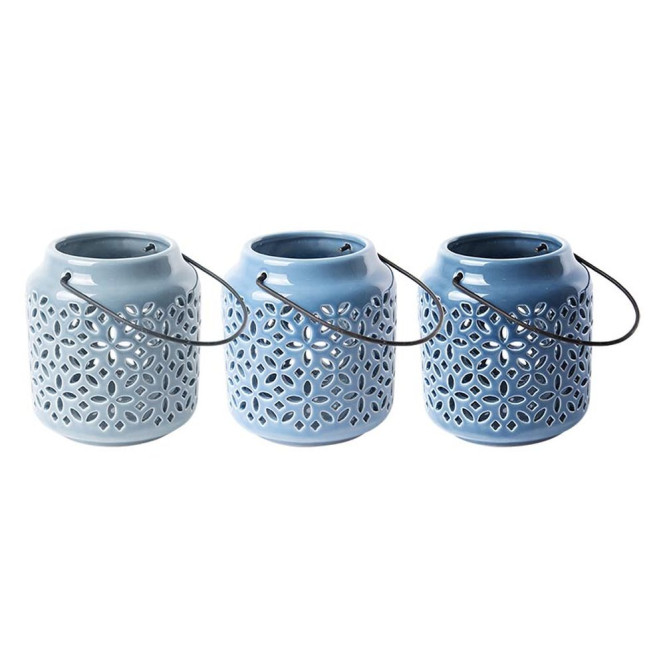 Rivanto® Blautöne Keramik Windlicht Größe S mit Griffbügel, farbig sortiert, glänzende Optik, Tee Licht, Gartendekoration, Beleuchtung