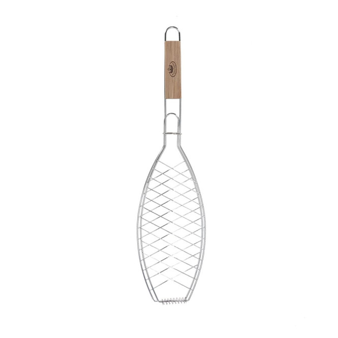 Rivanto® Edelstahl Grill-Fischhalter Eschenholz-Griff, Länge 58 cm, Korblänge 14 cm, Höhe ca. 2 cm