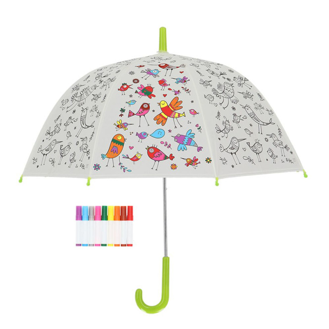 Rivanto® Kinder Regenschirm Ø 70,5 zum selbst Ausmalen, Motiv Vögel, Ausmalregenschirm, Do-It-Yourself Kinderschirm