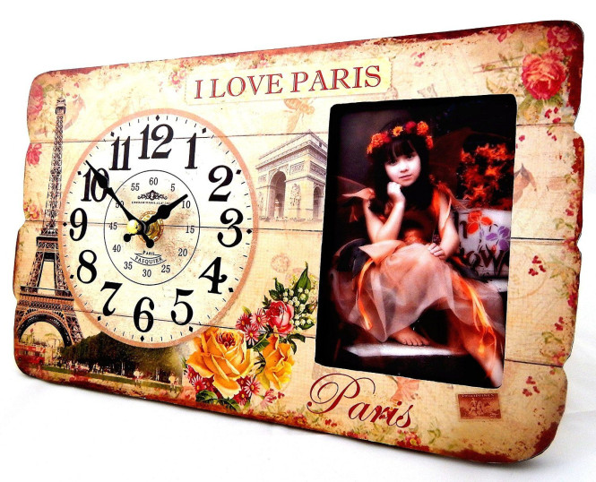 Rivanto® Tischuhr Paris mit Bilderrahmen im Shabby Design