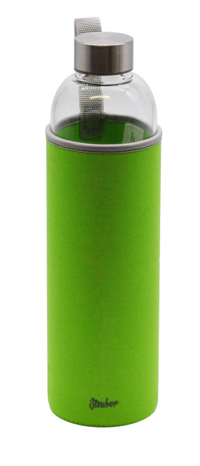 Steuber Glas-Trinkflasche mit Tasche 1000 ml, grün, mit Tragelasche, Borosilicatglas mit Schutzhülle/Edelstahldeckel, für Sport/Büro/Reisen