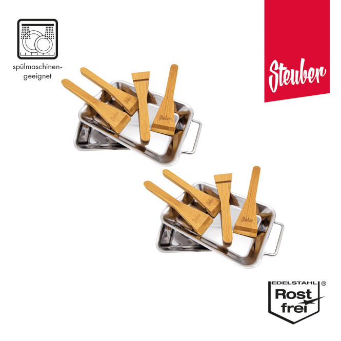 Steuber Premium Line 2 x 2er Set Edelstahl Grillpfännchen mit 4 Holzschaber, 18 x 12,5 x 2 cm, Ersatz für Aluminium Grill Schalen, Grill Raclette
