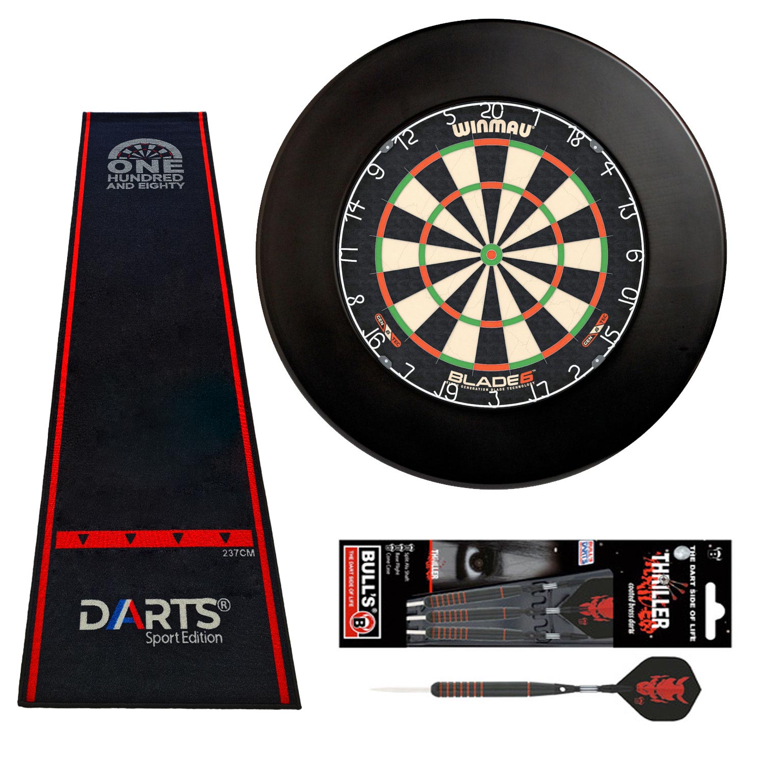 Winmau Blade 6 Set mit DARTS Sport Edition Surround schwarz + OneHundred Eighty Dart Teppich und 22g Steeldarts