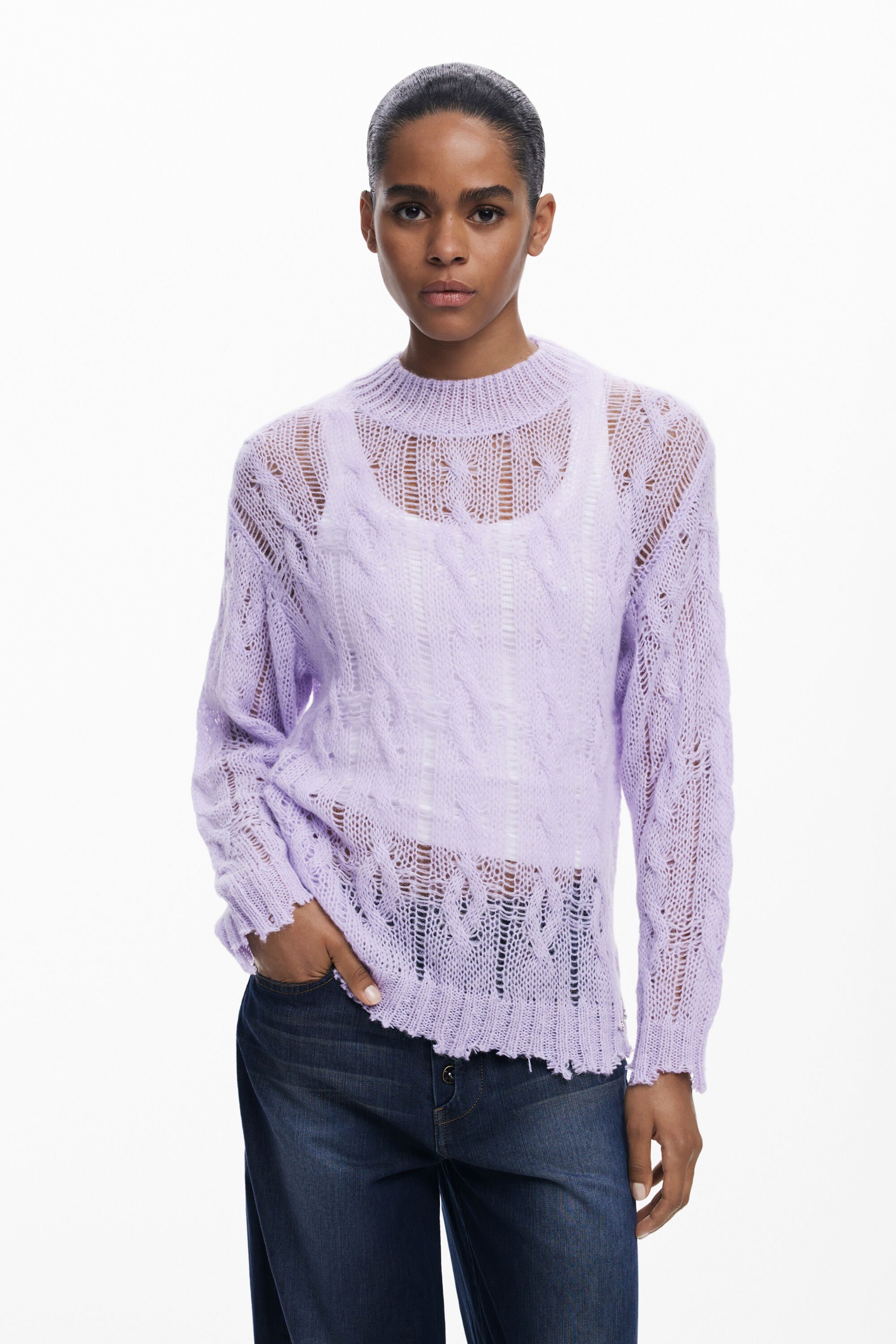 Desigual, Pullover mit Zopfmuster und Löchern, Damen, Rot, M