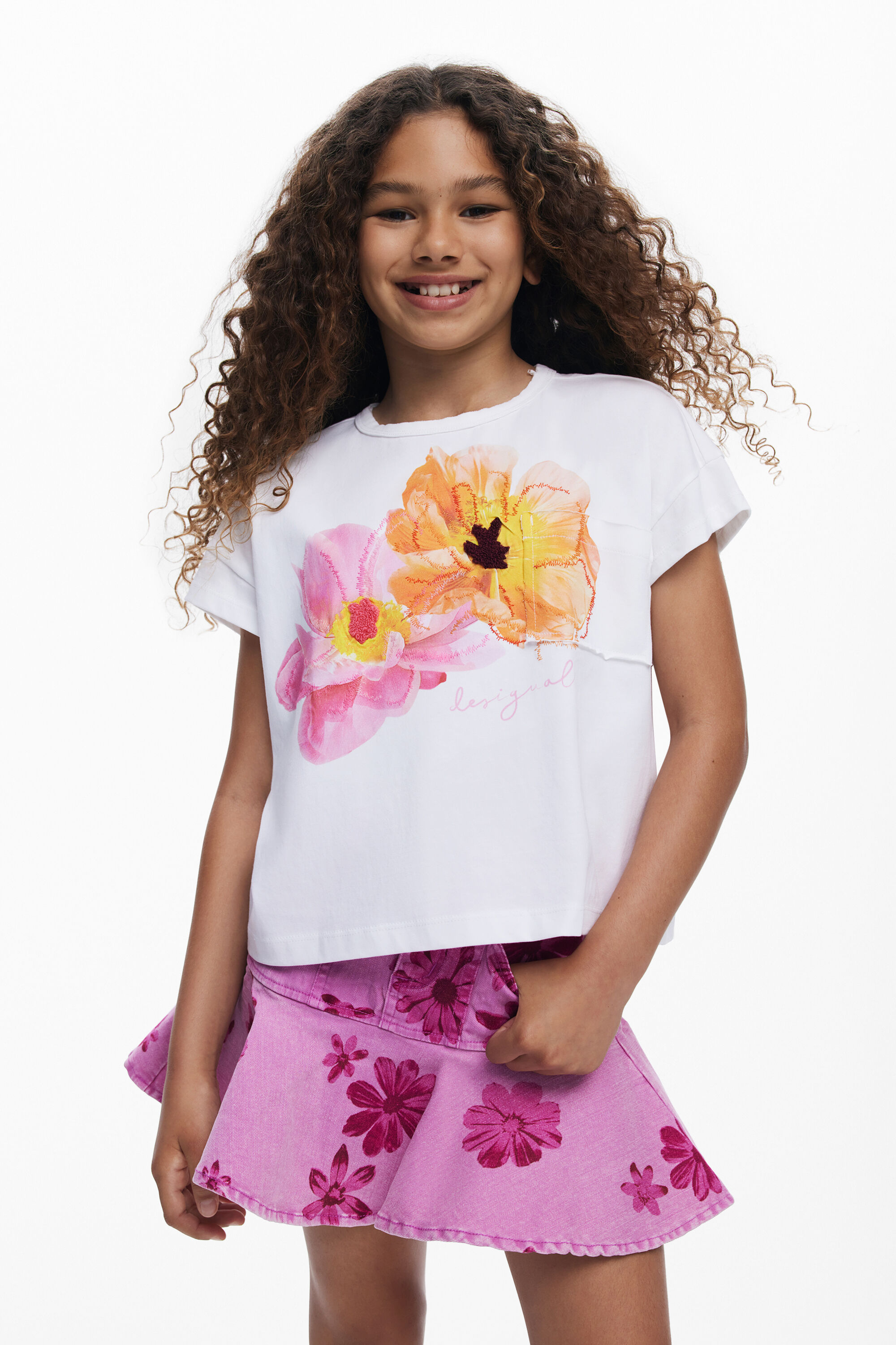 Desigual, Kurzarm-T-Shirt mit Blumenstickereien, Kinder, Baumwolle, Weiß, 5/6