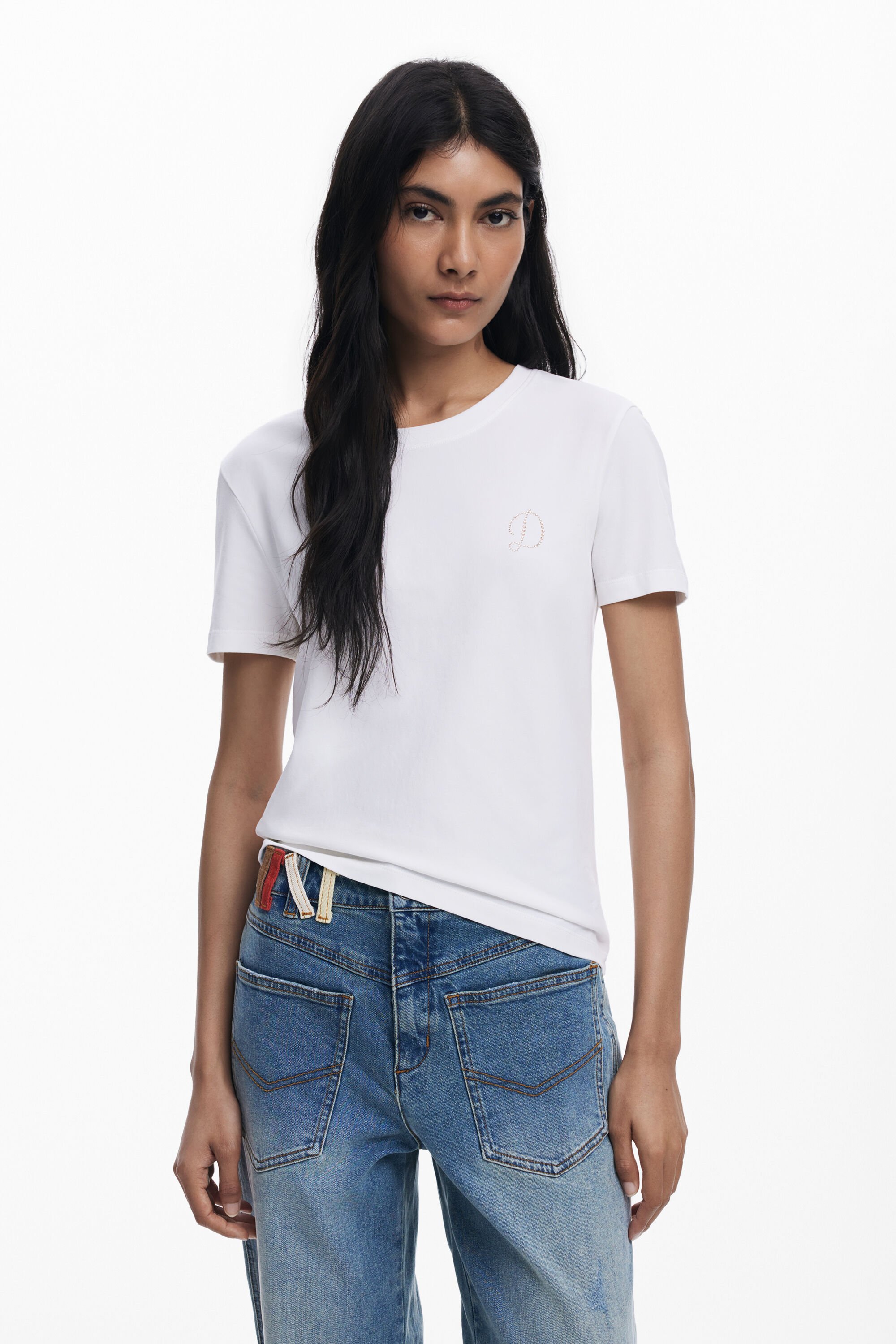 Desigual, 'D' Strass T-Shirt, Damen, Baumwolle, Weiß, XL