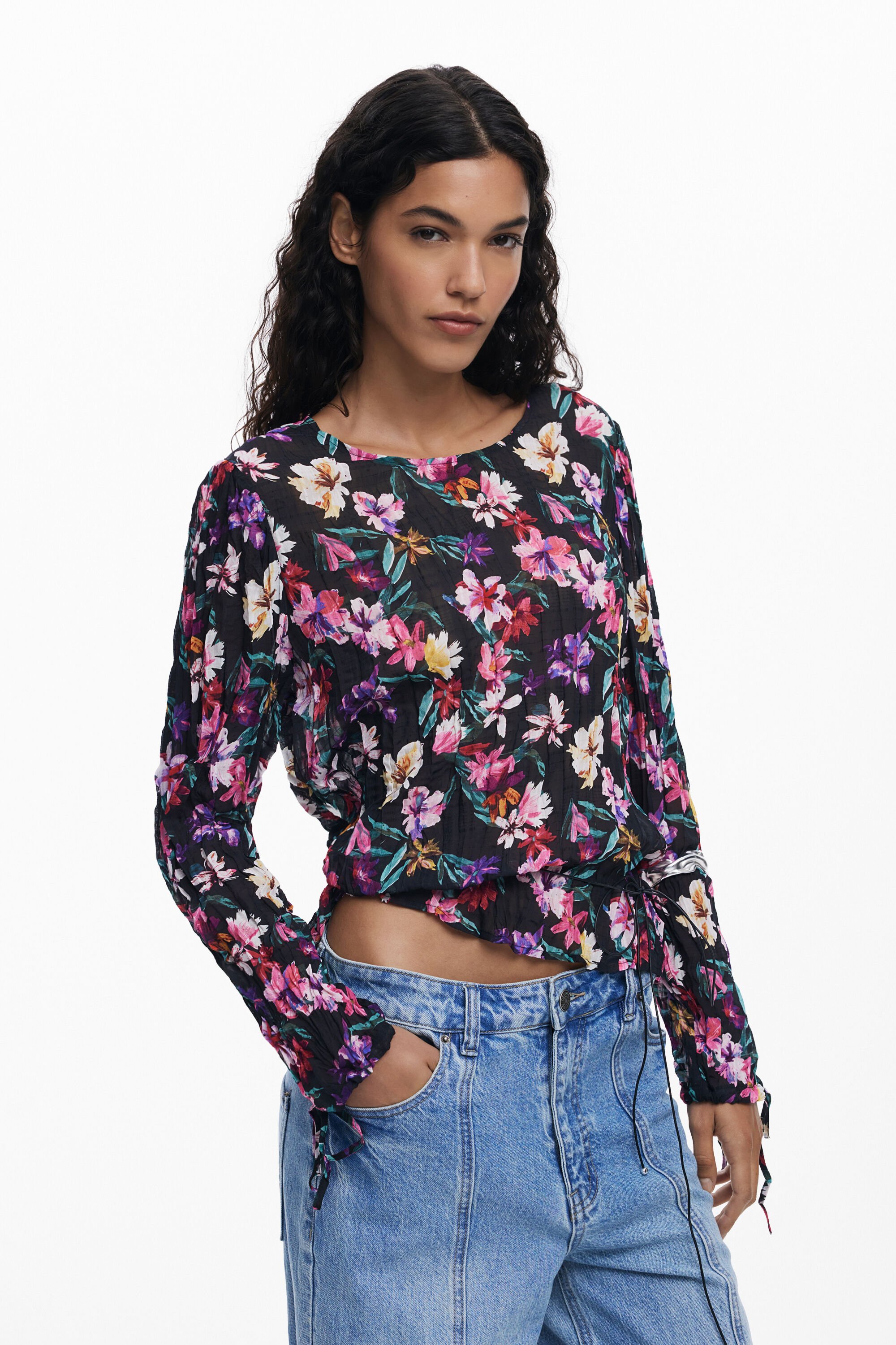 Desigual, Bluse mit plissierten Blumen, Damen, Polyester, Schwarz, L
