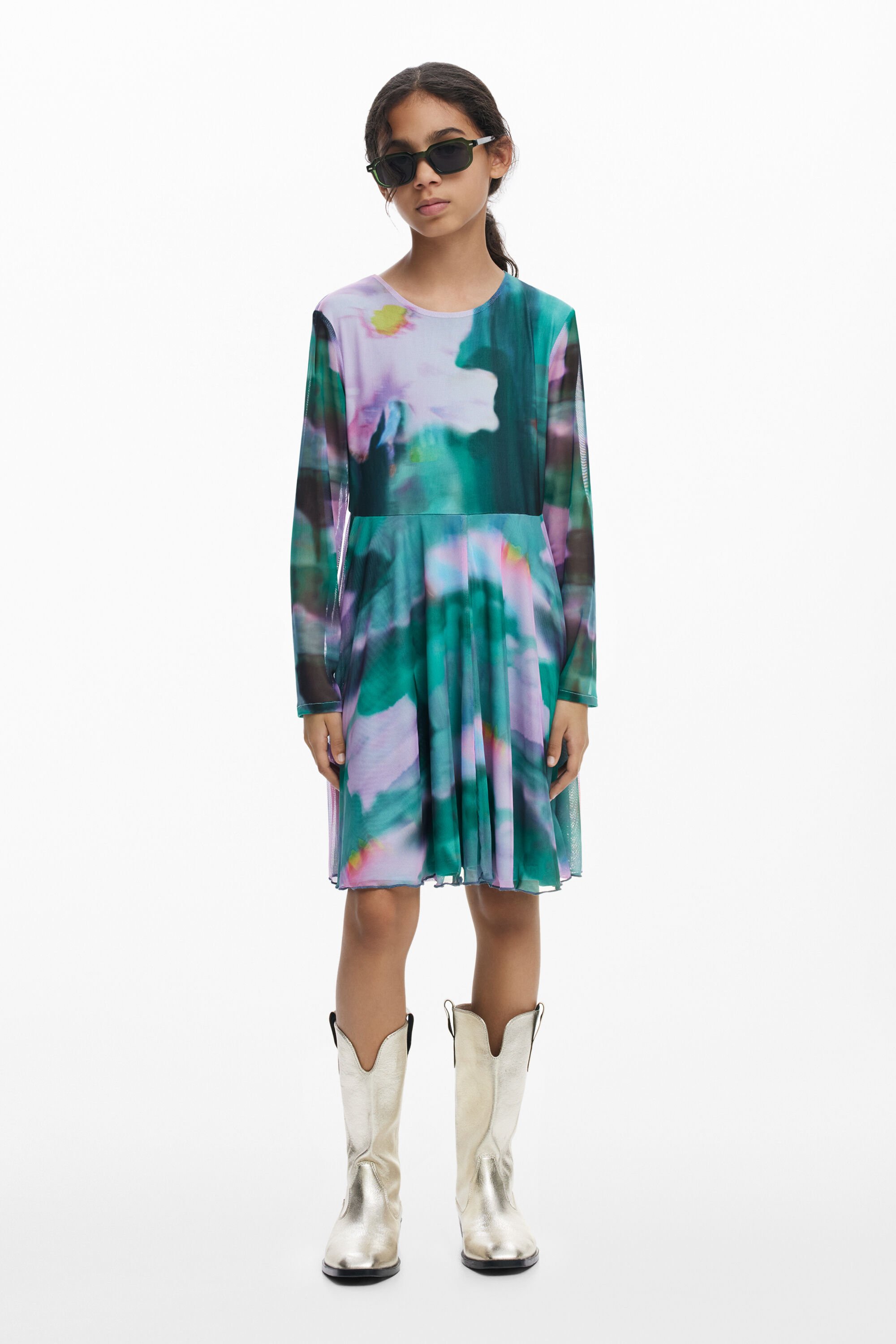 Desigual, Langärmliges Kleid aus Aquarelltüll, Kinder, Polyester, Blau, 3/4