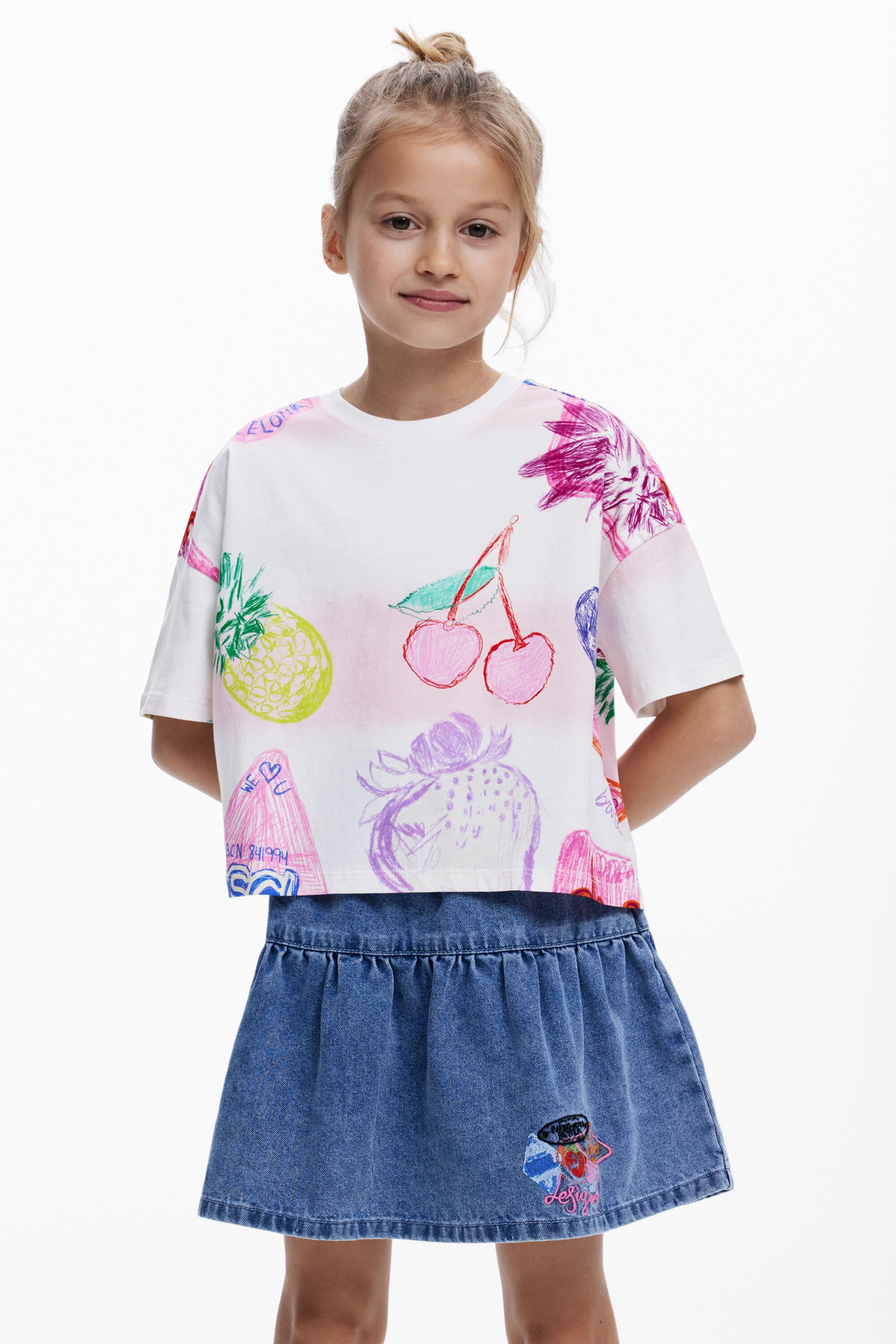 Desigual, Cropped T-Shirt mit Aufdrucken, Kinder, Baumwolle, Weiß, 11/12