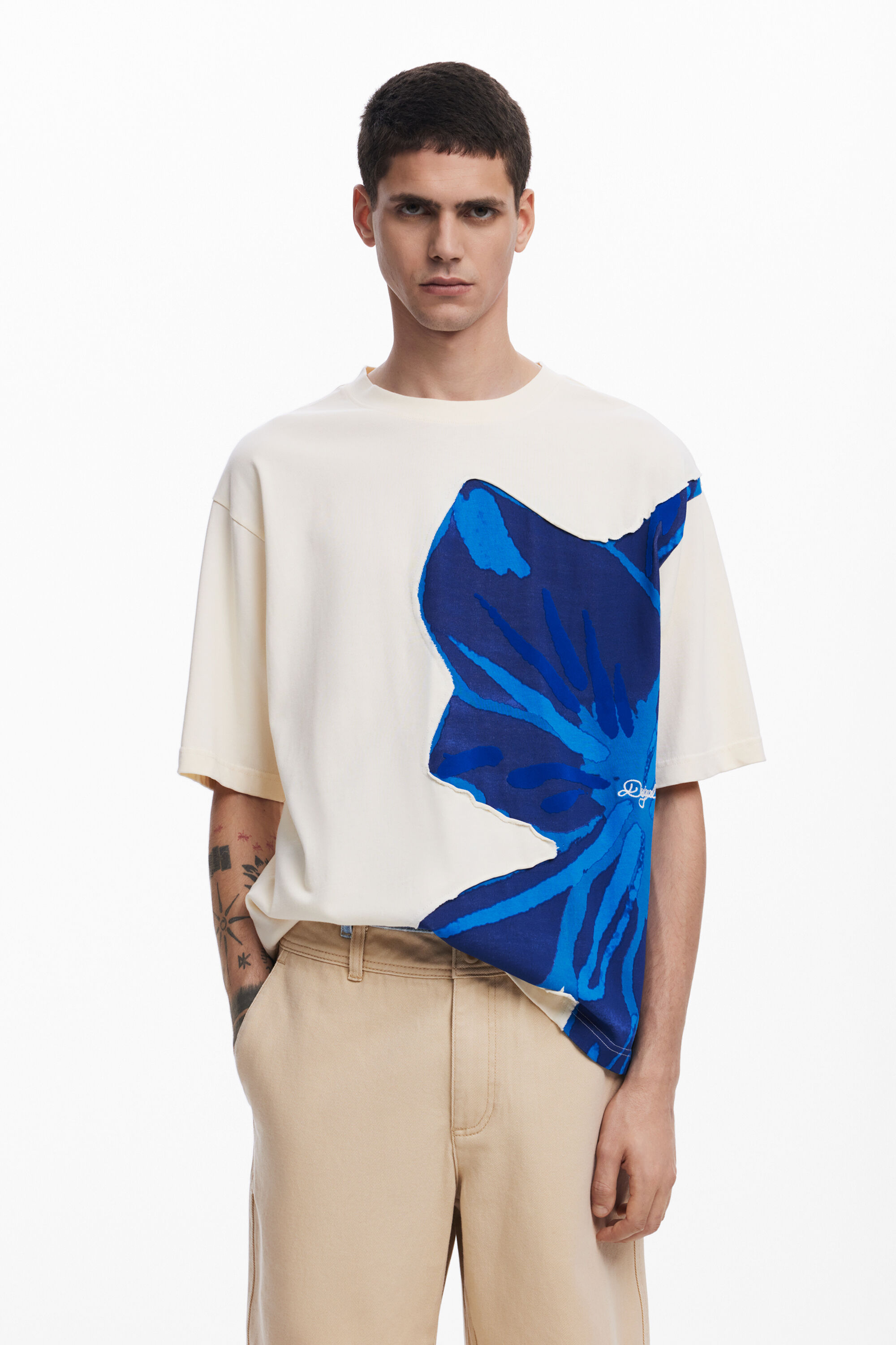 Desigual, Kurzarm-T-Shirt mit Blumenmuster, Herren, Baumwolle, Weiß, M