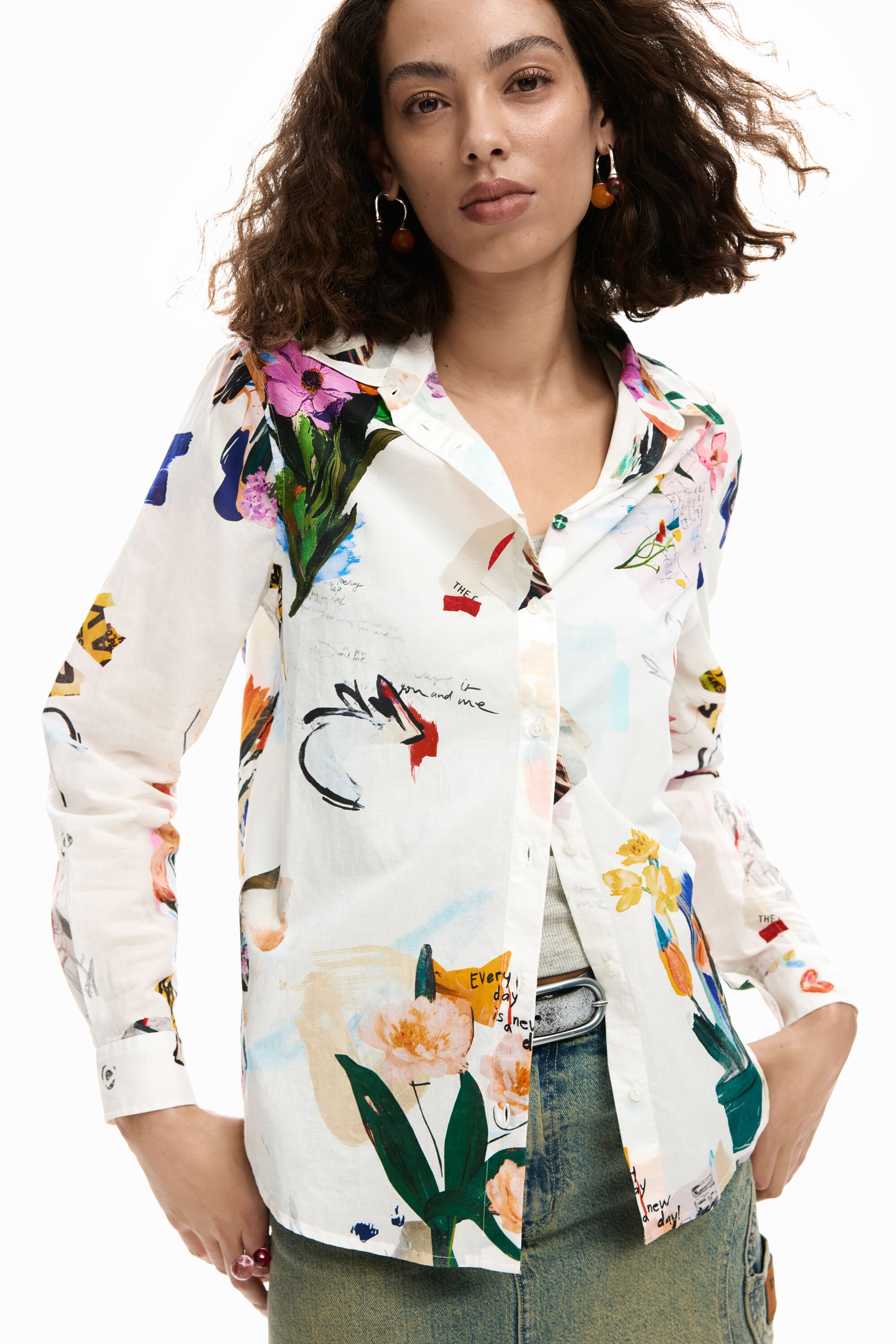 Desigual, Collage-Hemd mit Blumen, Damen, Baumwolle, Weiß, S
