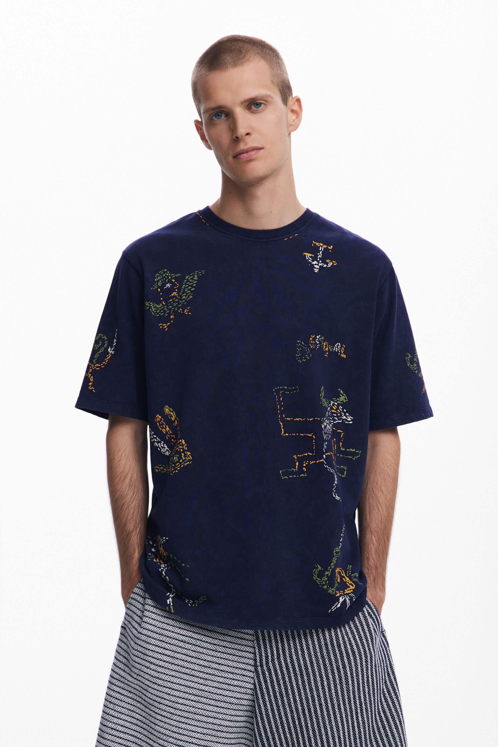 Desigual, T-Shirt mit Tribal-Stickereien, Herren, Baumwolle, Blau, M