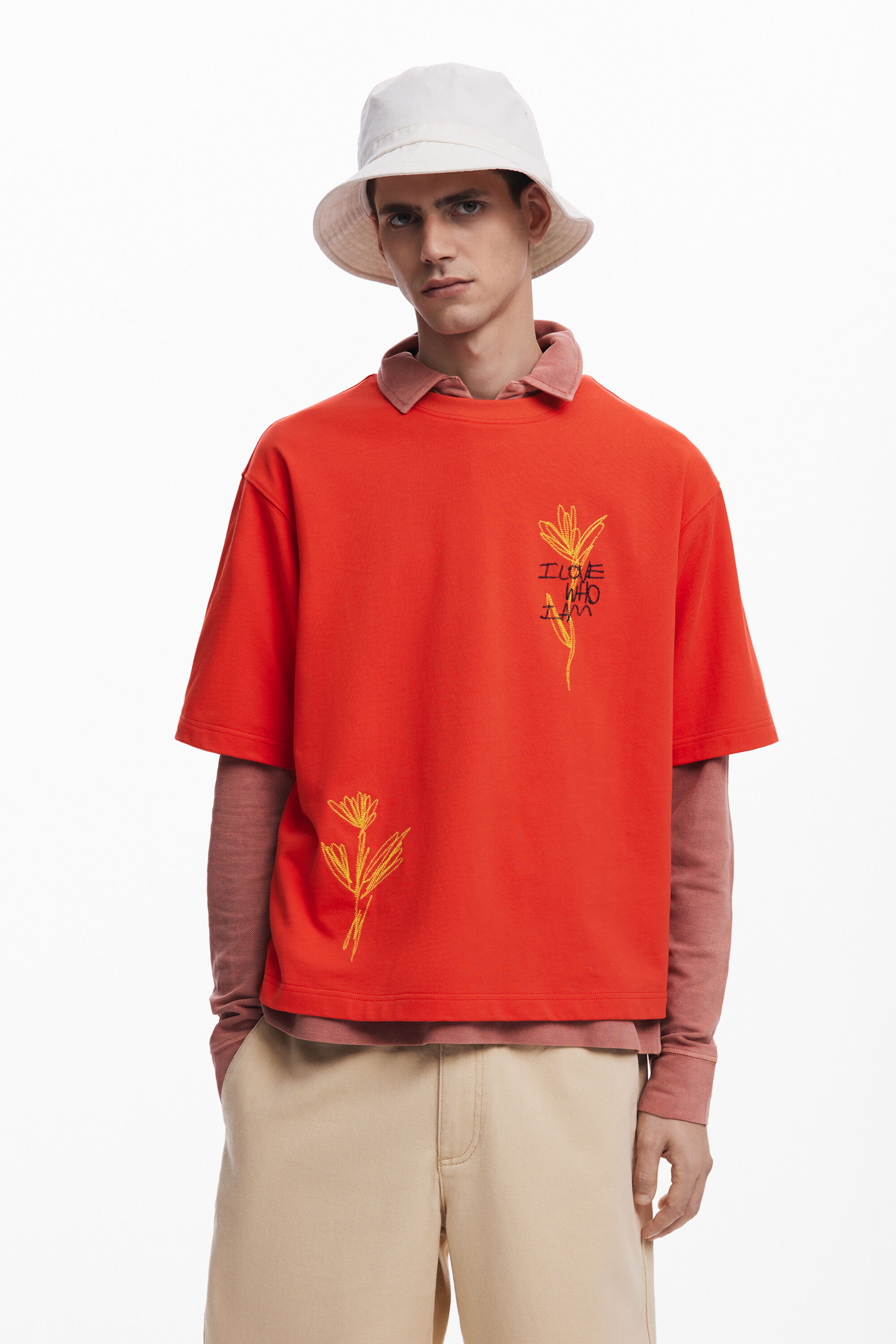 Desigual, Kurzarm-T-Shirt mit Blumenmuster, Herren, Baumwolle, Rot, XL