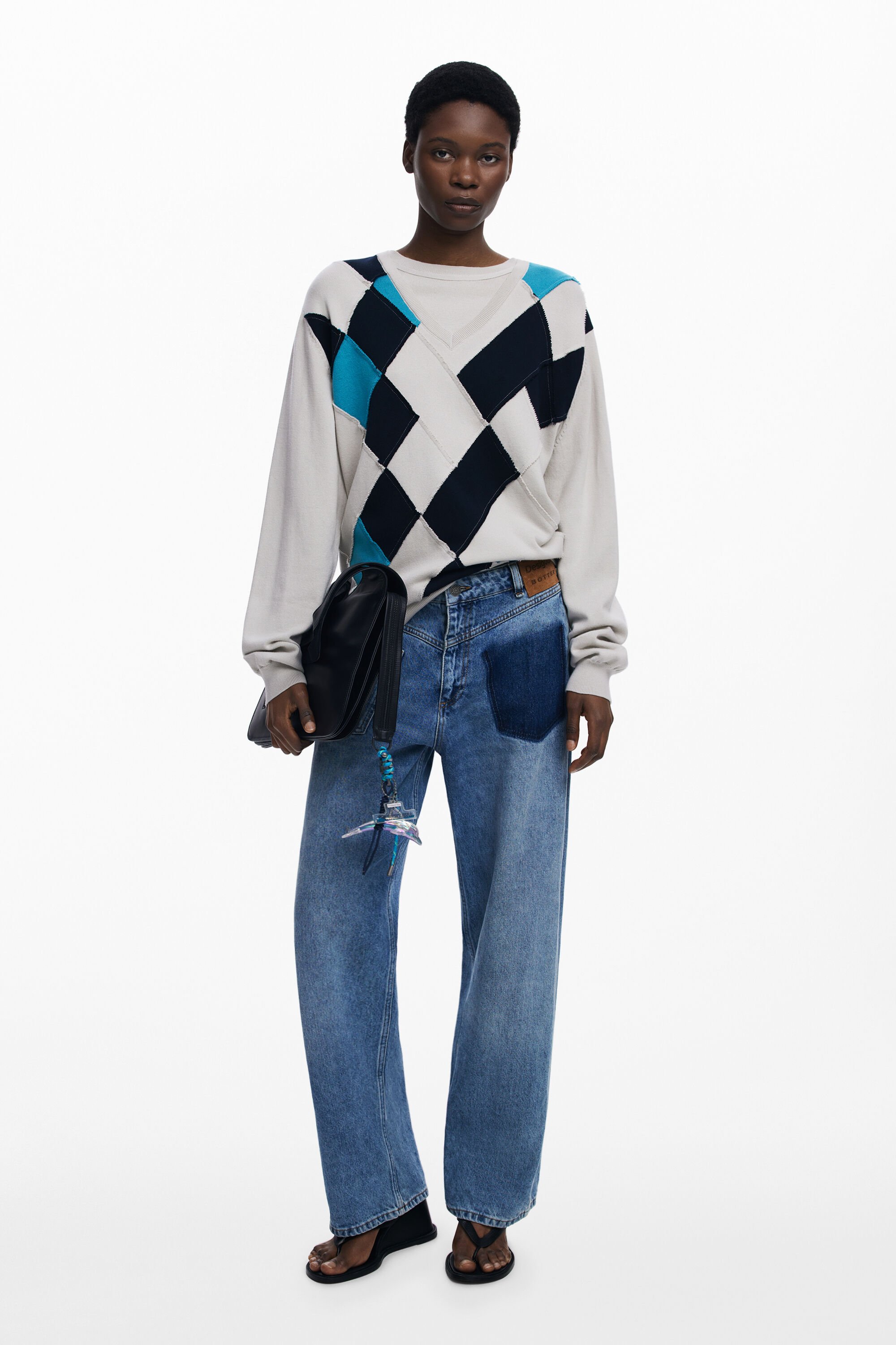 Desigual, Pullover mit doppeltem Kragen und Rauten Botter, Damen, Baumwolle, Weiß, XL