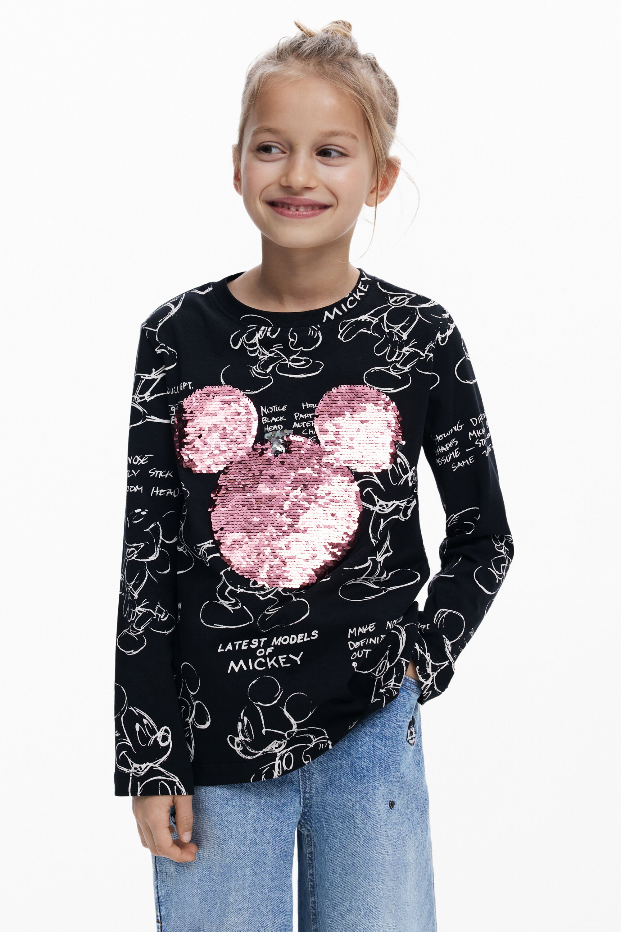 Desigual, Mickey™ T-Shirt mit Pailletten, Kinder, Baumwolle, Schwarz, 3/4