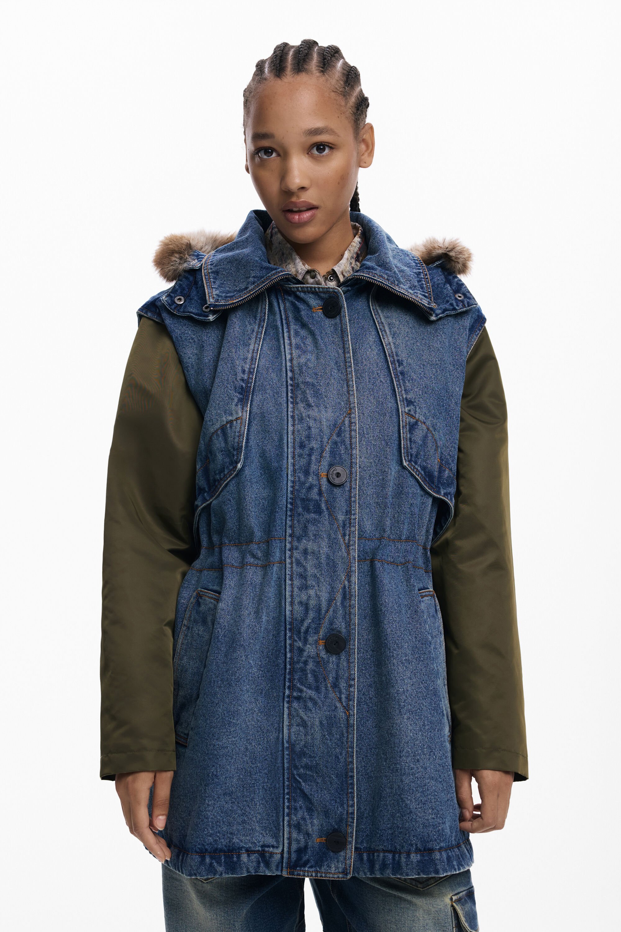 Desigual, Kombinierte Parka mit Fell, Damen, Baumwolle, Blau, S