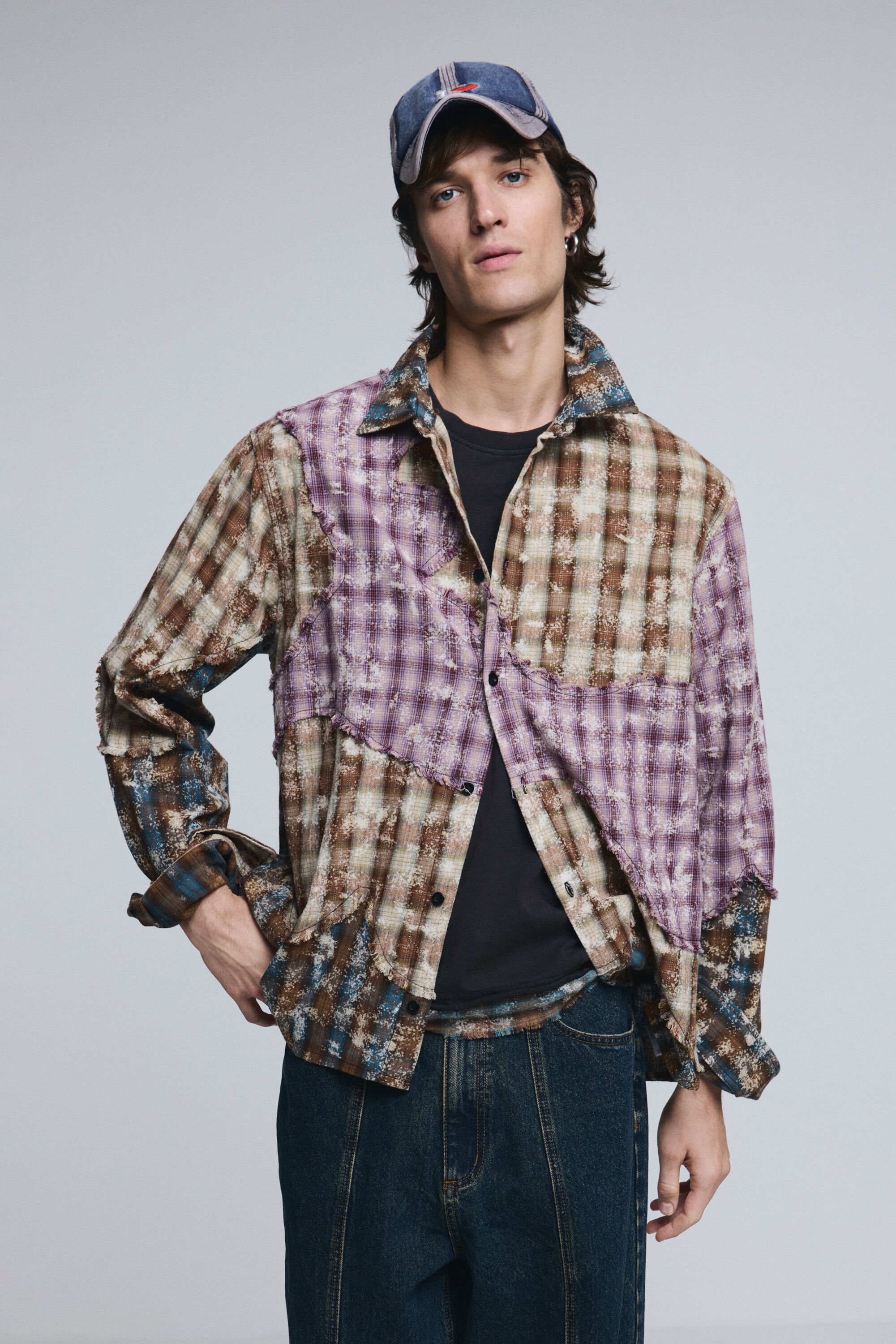 Desigual, Langarmhemd mit Patch-Karos, Herren, Baumwolle, Gelb, M