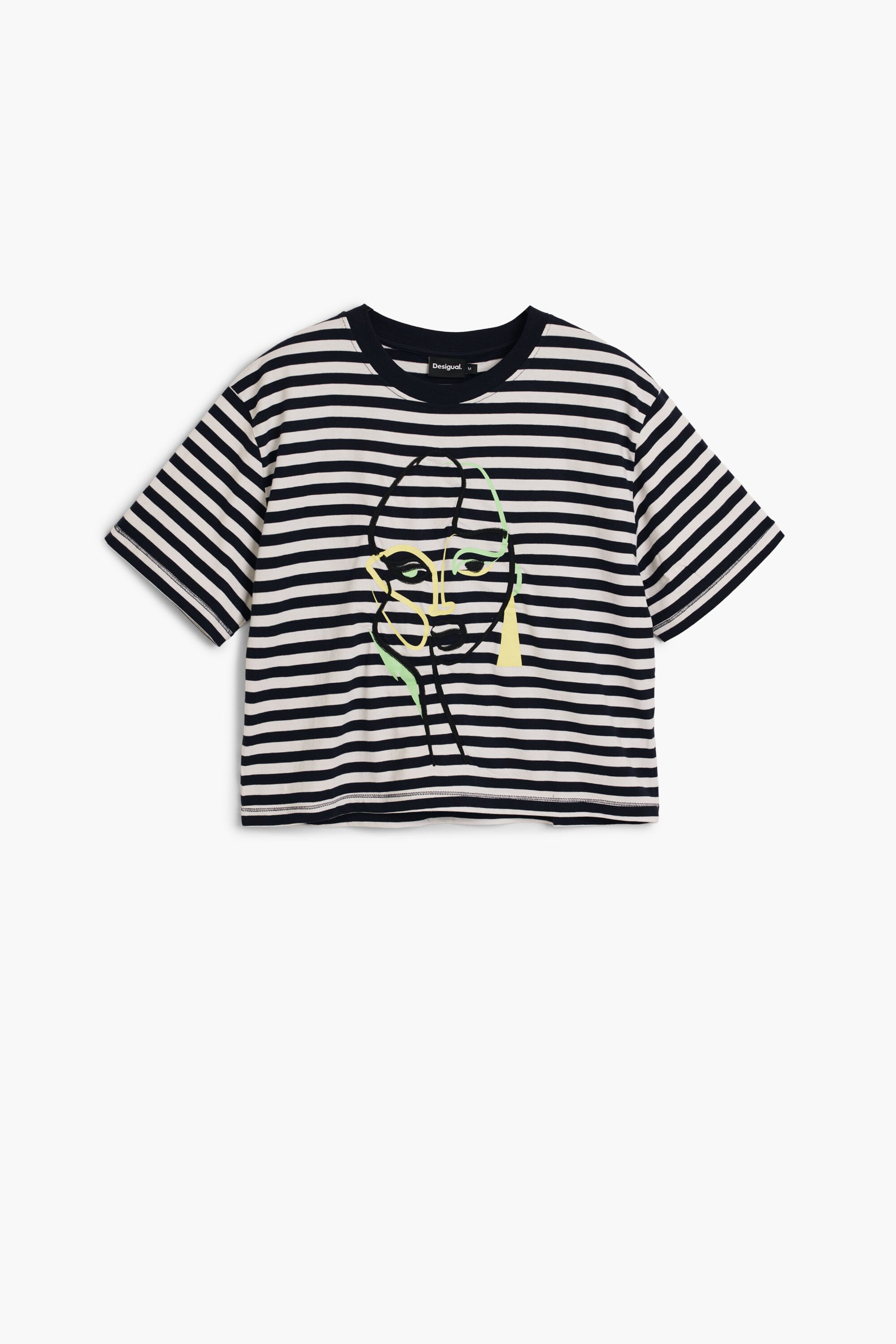 Desigual, Gestreiftes T-Shirt mit Gesicht, Damen, Baumwolle, Blau, XS