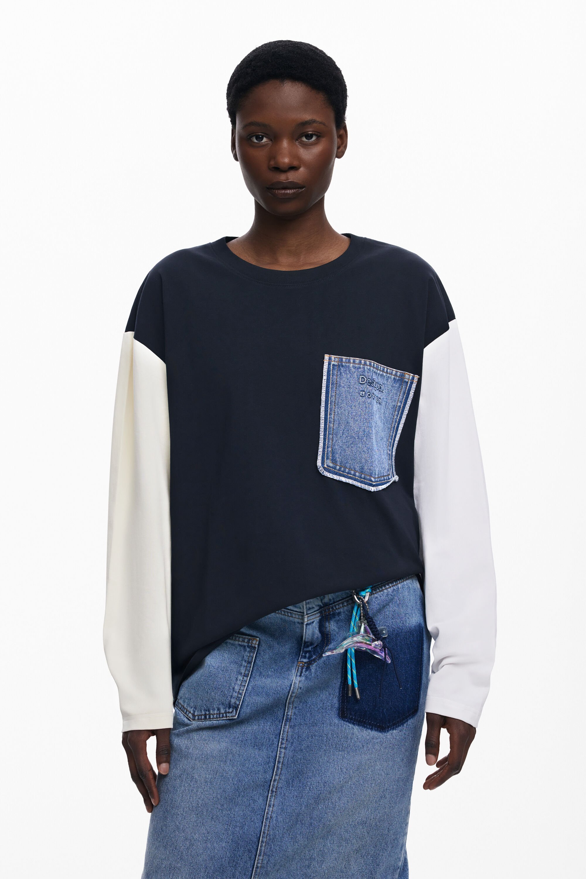 Desigual, T-Shirt mit Denim-Tasche Botter, Damen, Baumwolle, Schwarz, XS