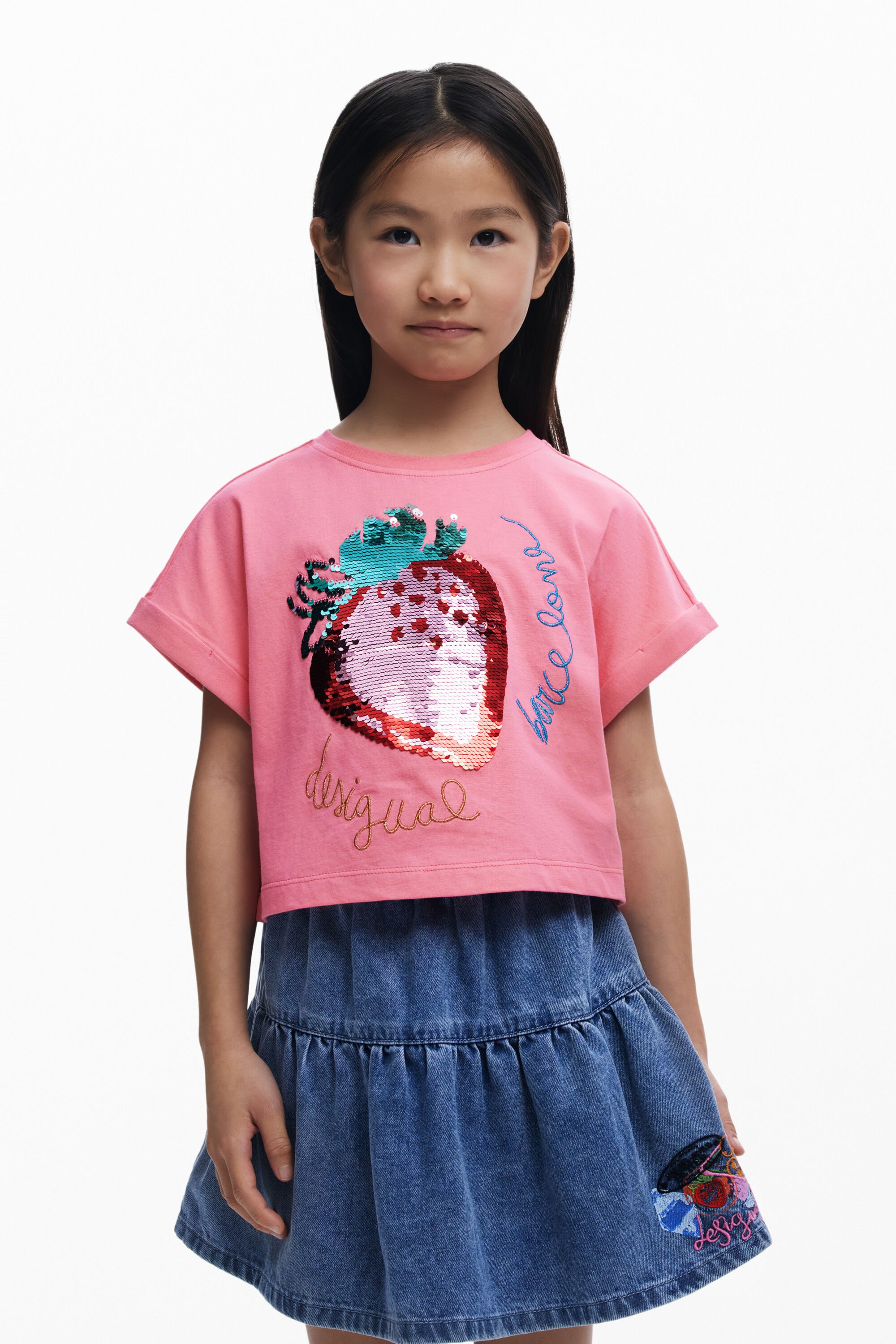 Desigual, Bauchfreies T-Shirt Erdbeere Pailletten, Kinder, Baumwolle, Rot, 11/12