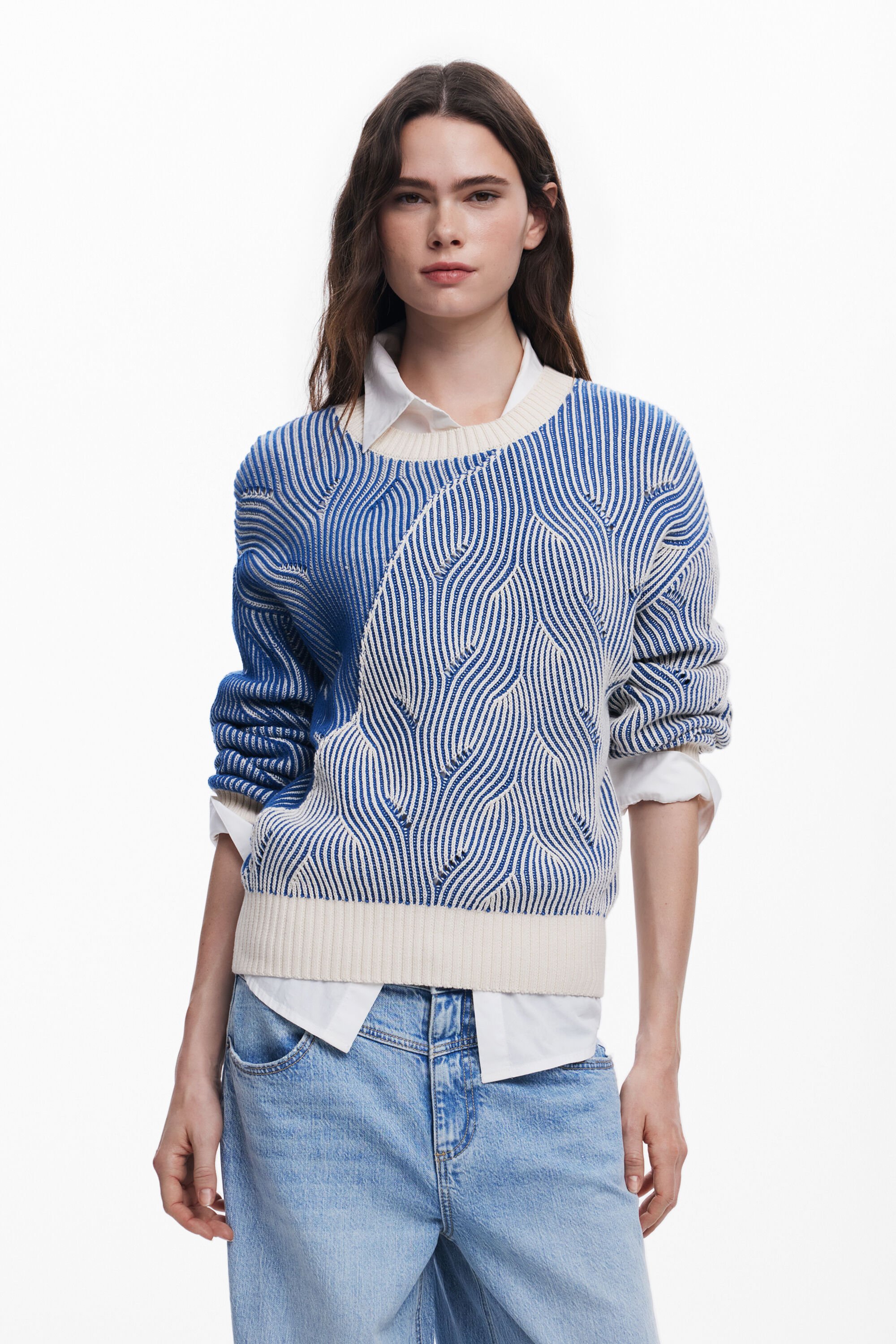 Desigual, Zweifarbiger Strickpullover, Damen, Baumwolle, Blau, XXL