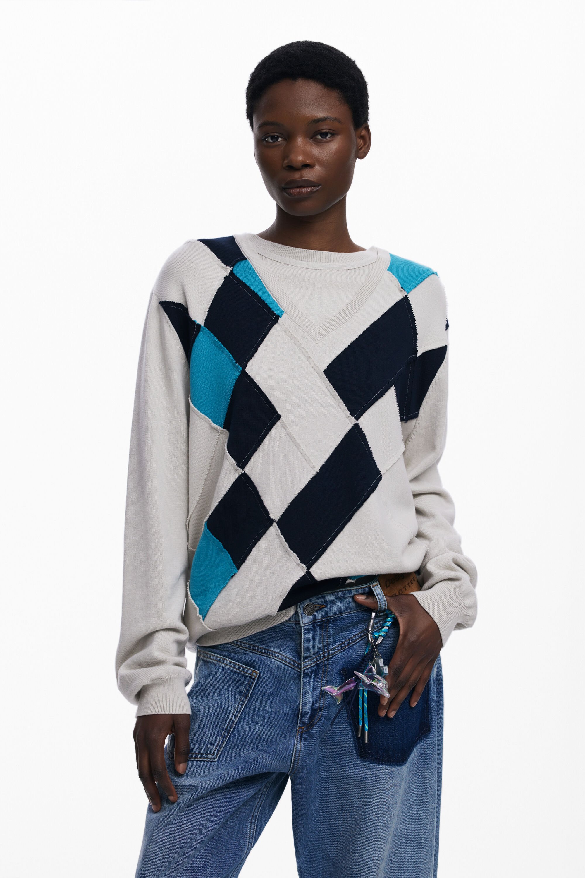 Desigual, Pullover mit doppeltem Kragen und Rauten Botter, Damen, Baumwolle, Weiß, XL