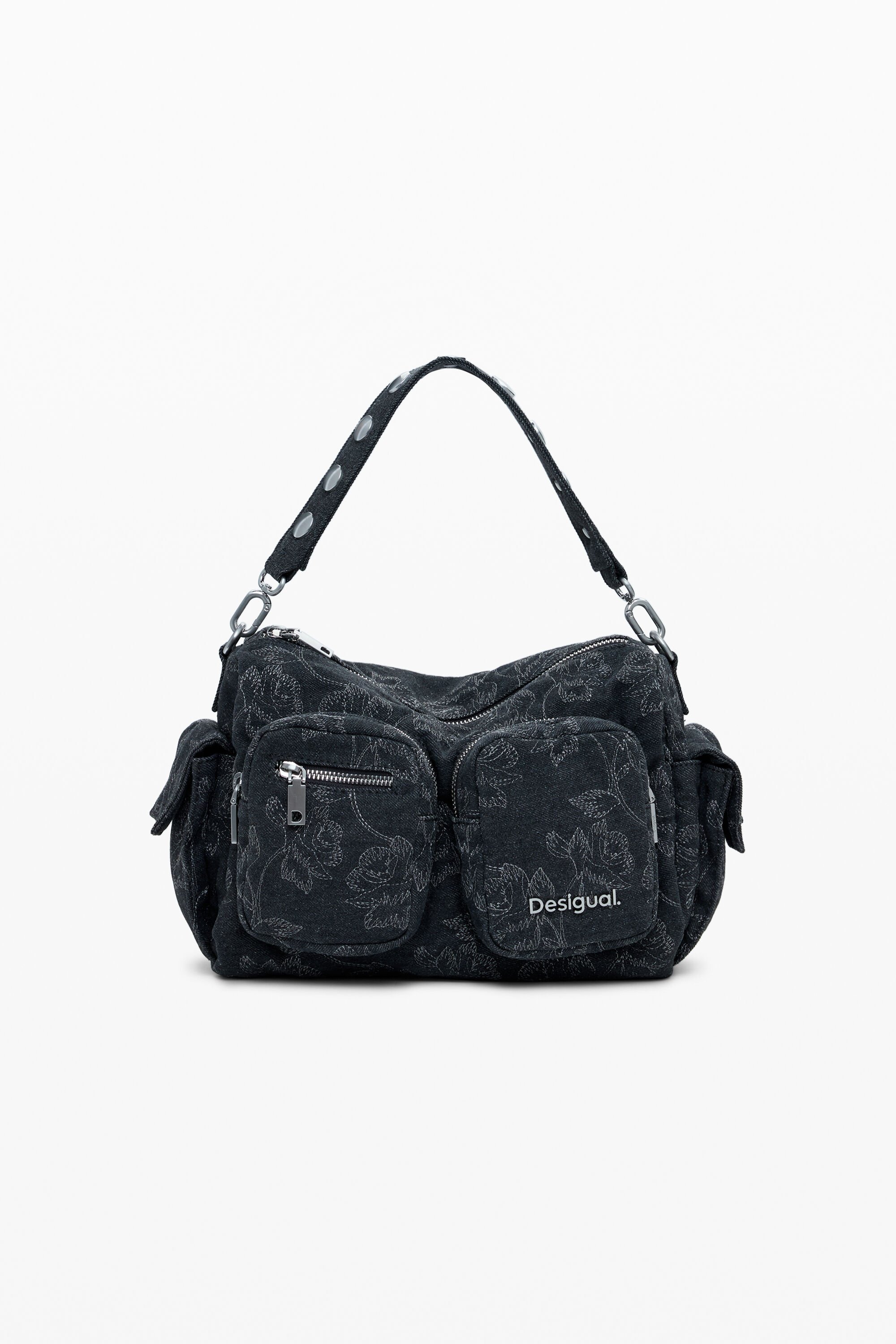 Desigual, Mittelgroße Denim-Tasche mit mehreren bestickten Taschen, Damen, Schwarz, U