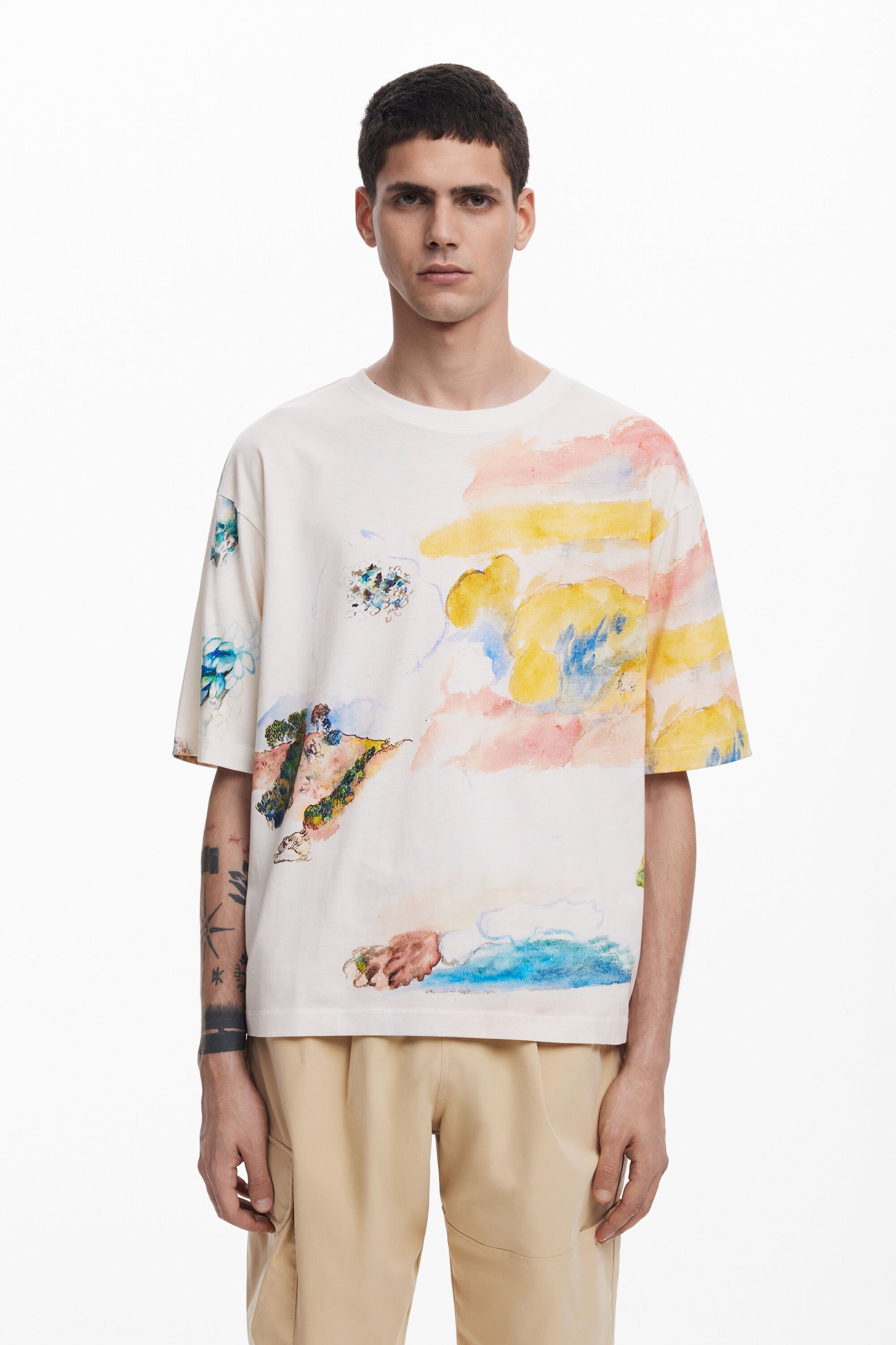 Desigual, Aquarell-T-Shirt mit kurzen Ärmeln, Herren, Baumwolle, Weiß, S