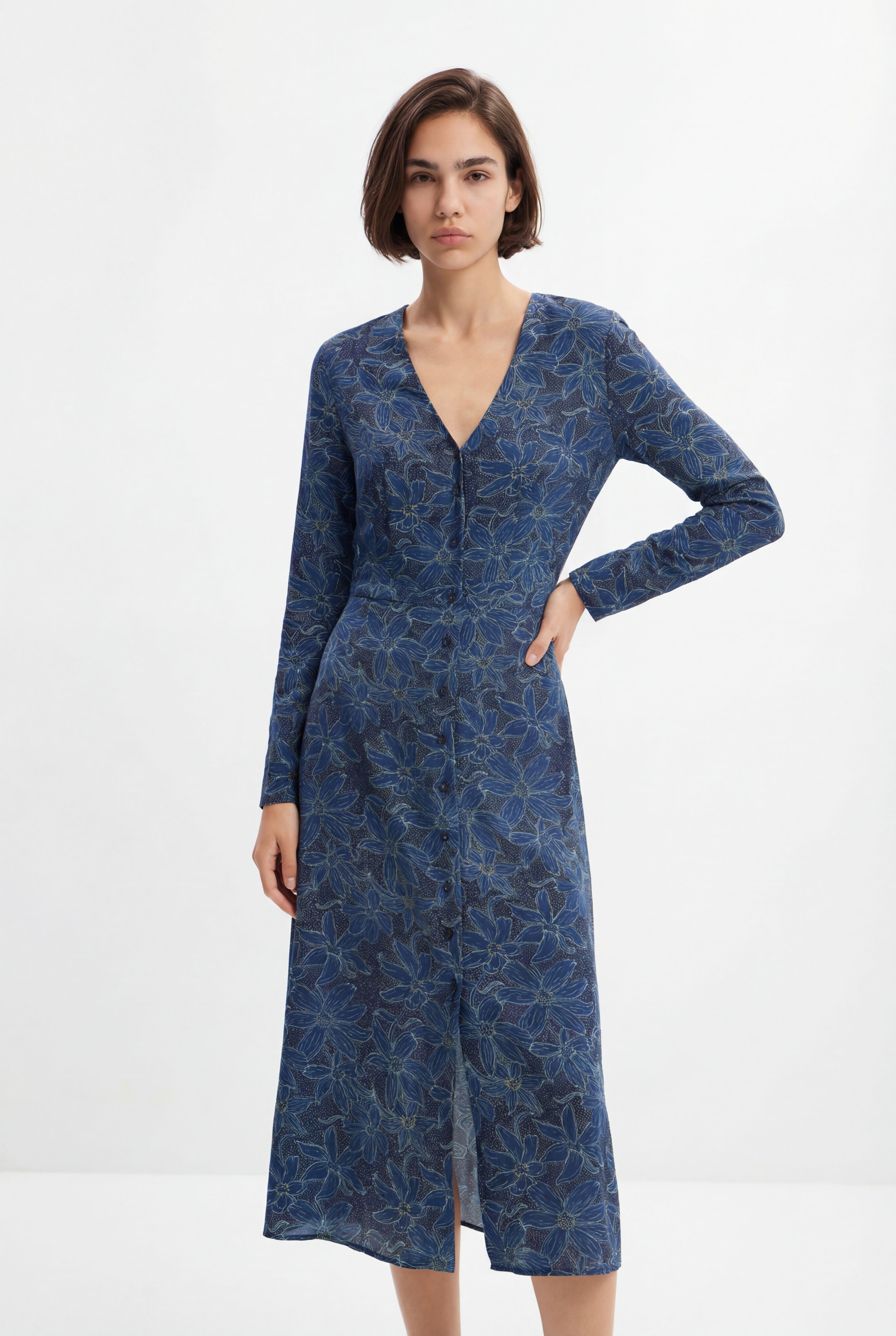 Desigual, Midi-Hemdblusenkleid Blumen, Blau, XL