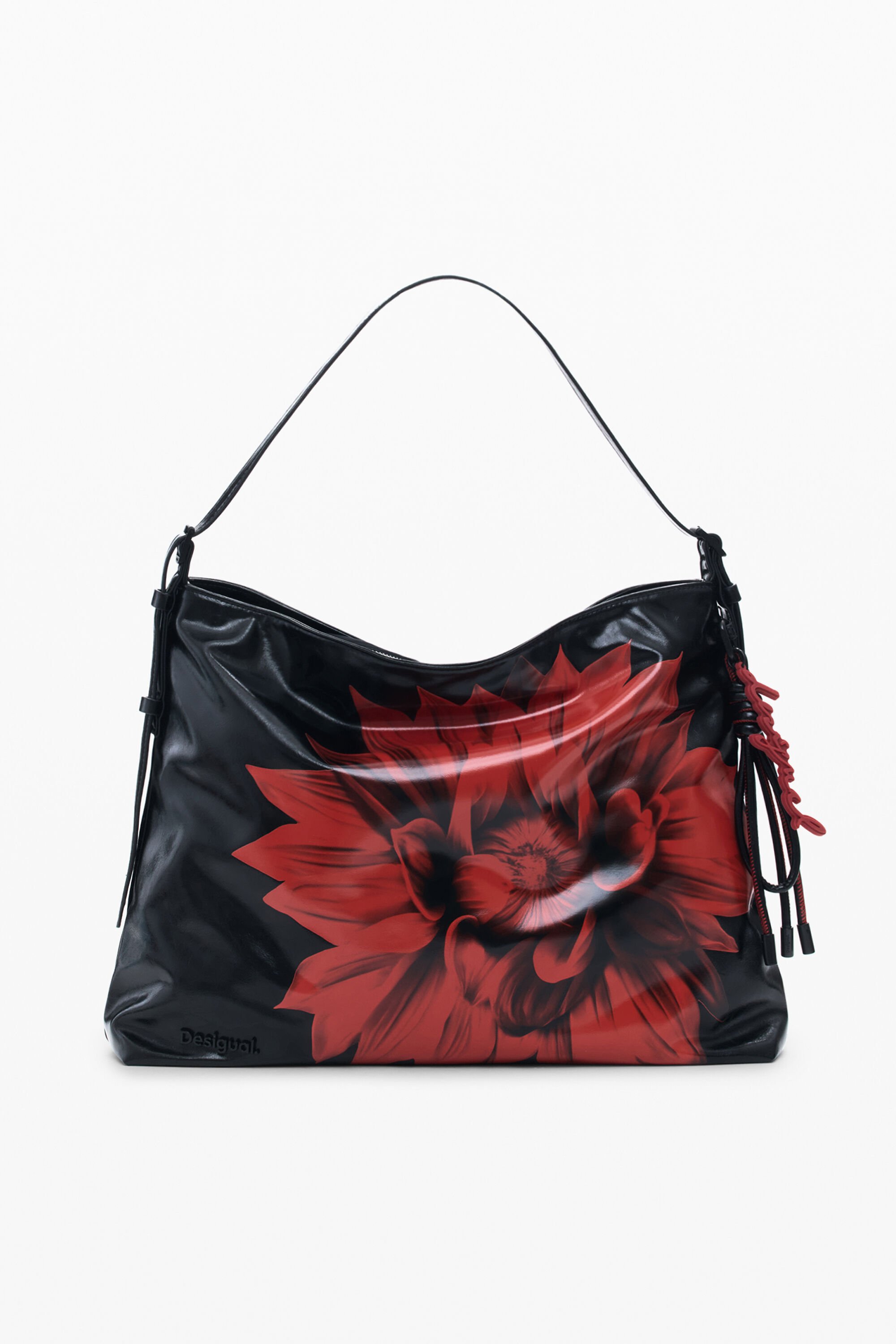 Desigual, Mittlere Schultertasche mit glänzender Blume, Damen, Polyurethan, Schwarz, U