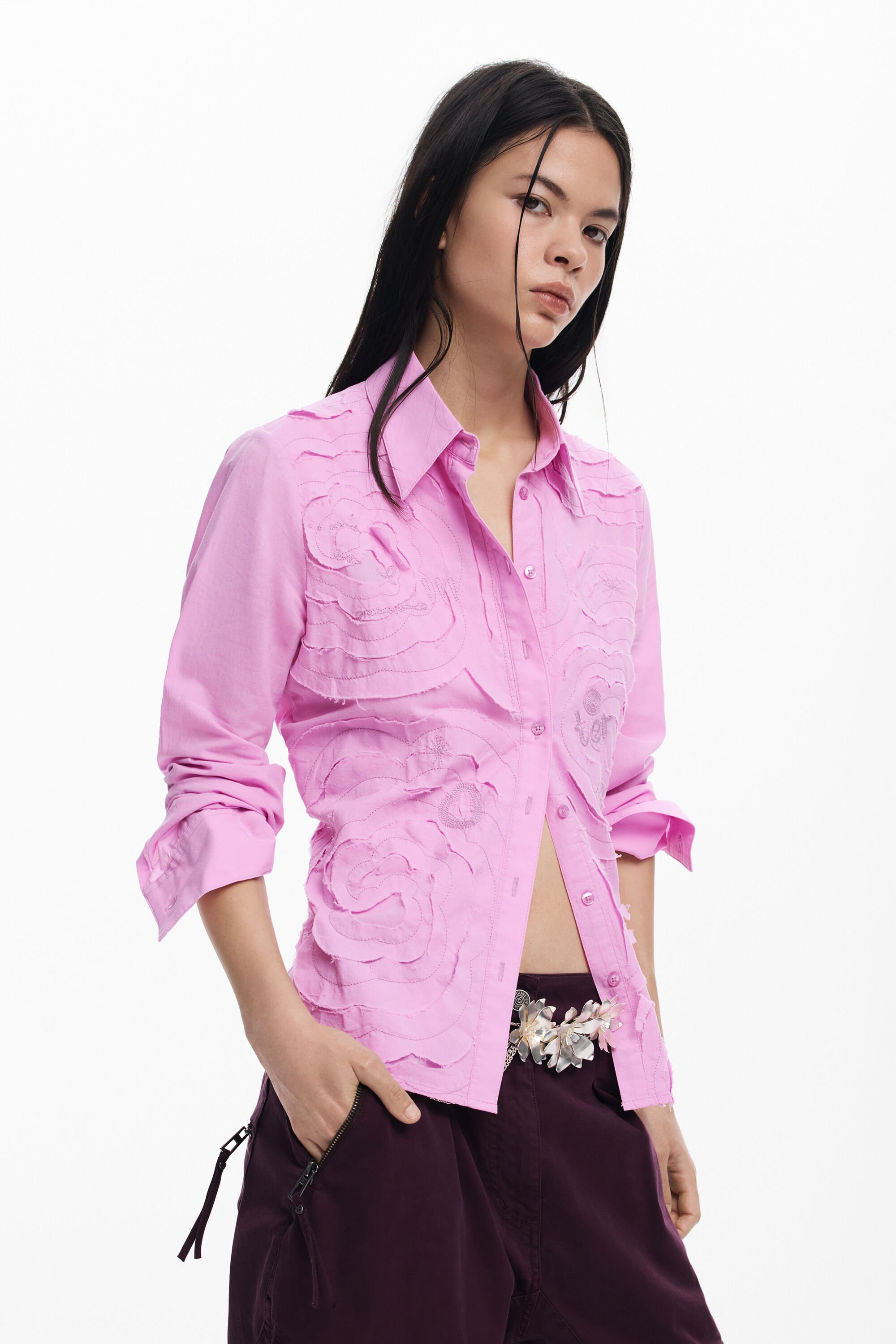 Desigual, Hemd mit Wellenstickerei, Damen, Baumwolle, Rot, M