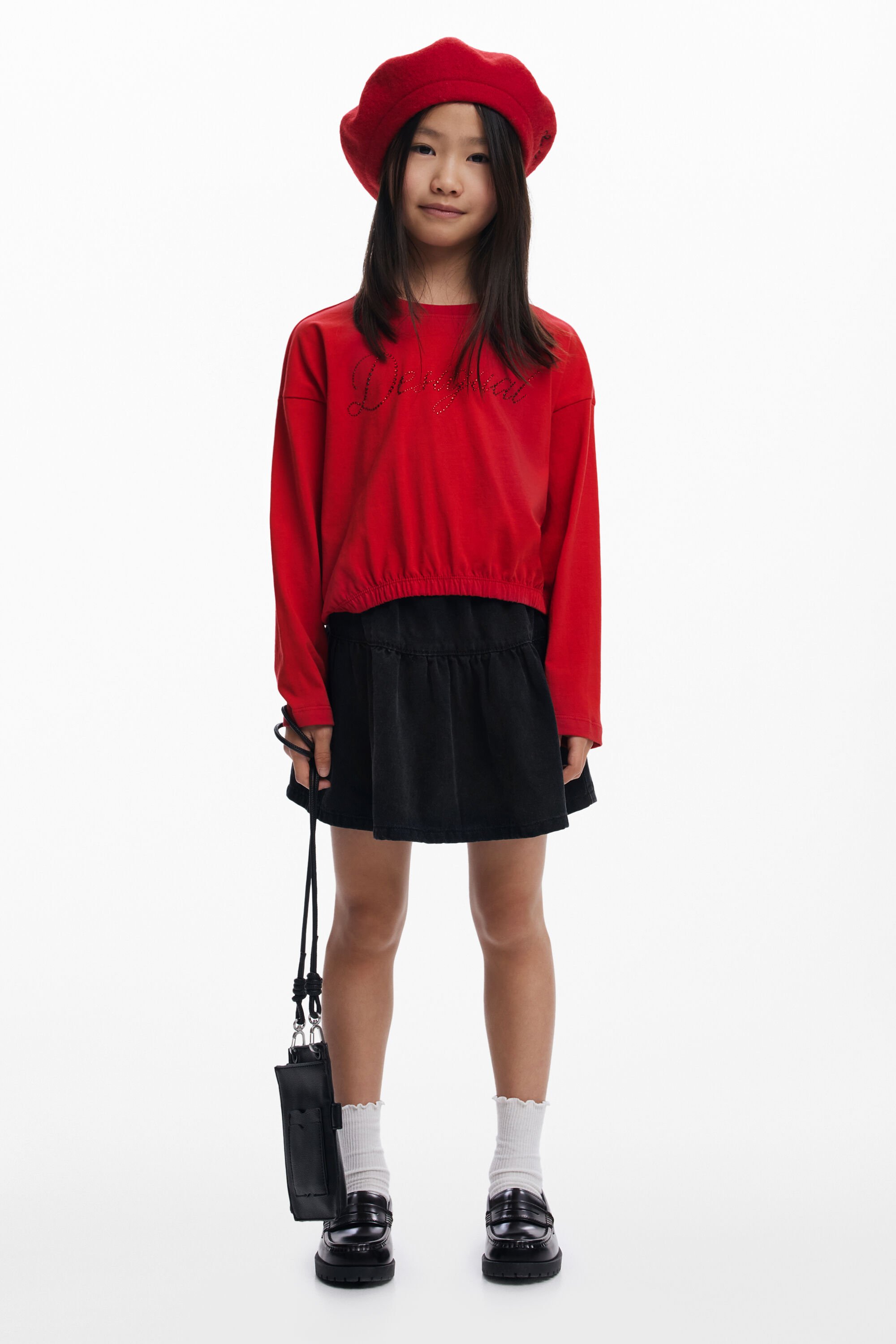 Desigual, Einfarbiges T-Shirt mit Strass-Logo, Kinder, Baumwolle, Rot, 13/14