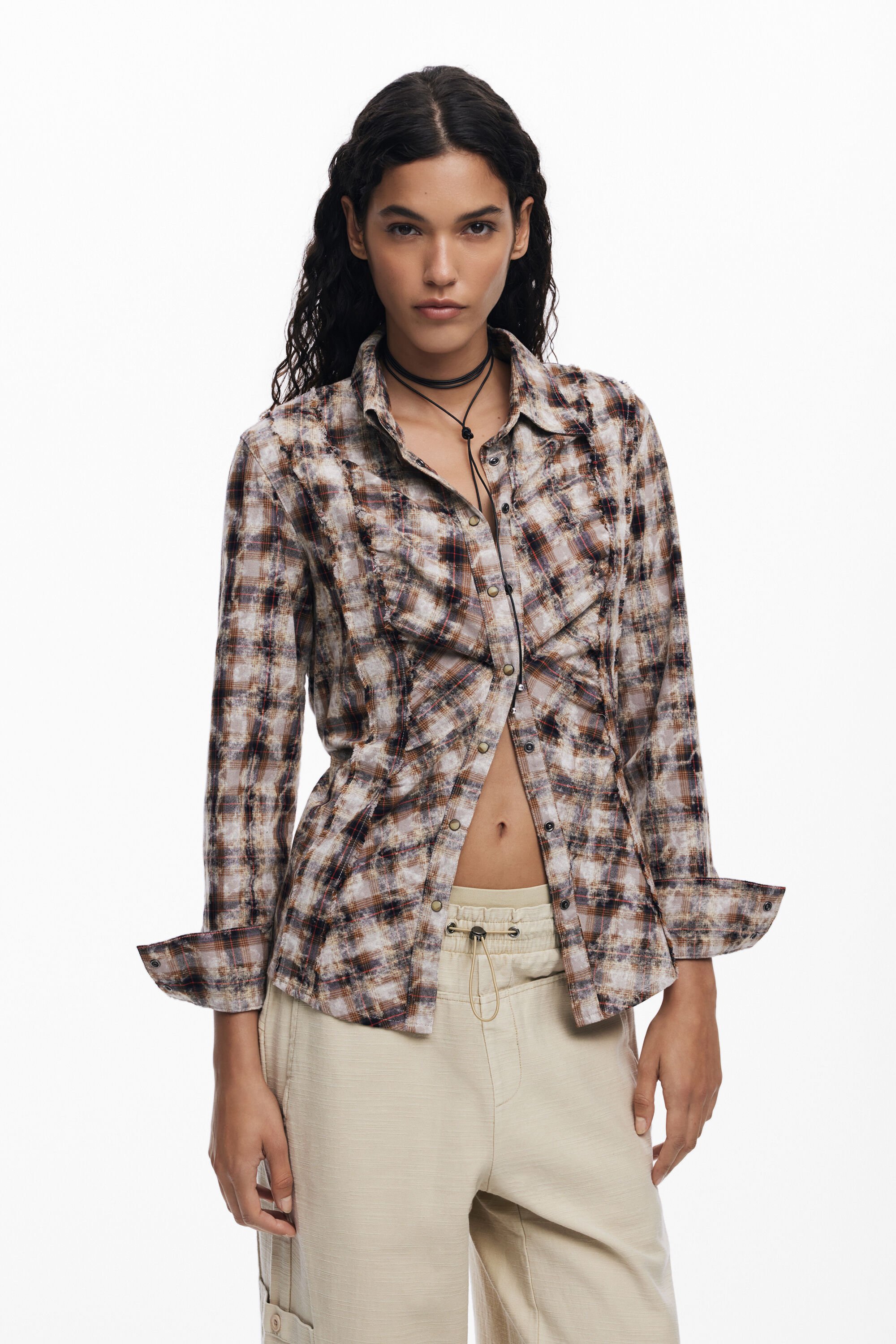 Desigual, Karo-Strukturhemd, Damen, Baumwolle, Braun, XL