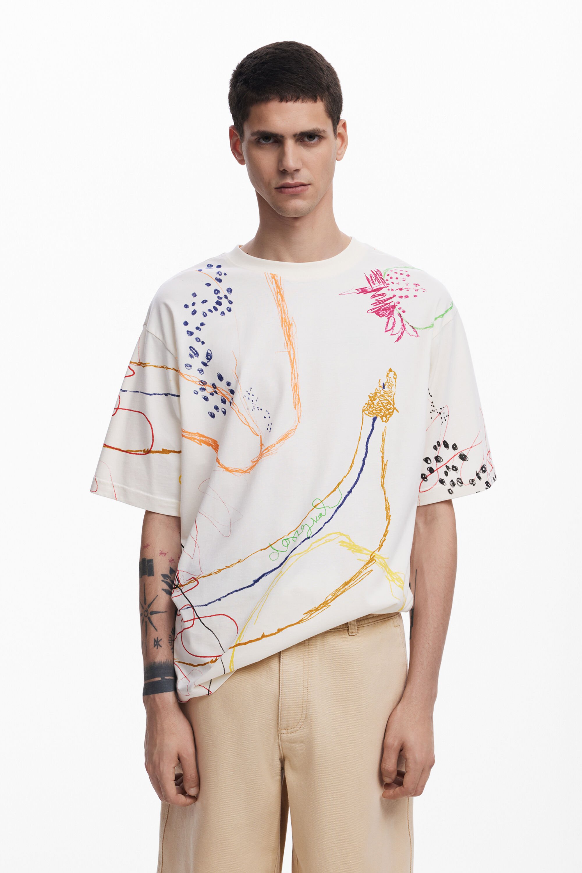 Desigual, Kurzarm-T-Shirt mit Zeichnungen, Herren, Baumwolle, Weiß, XXL