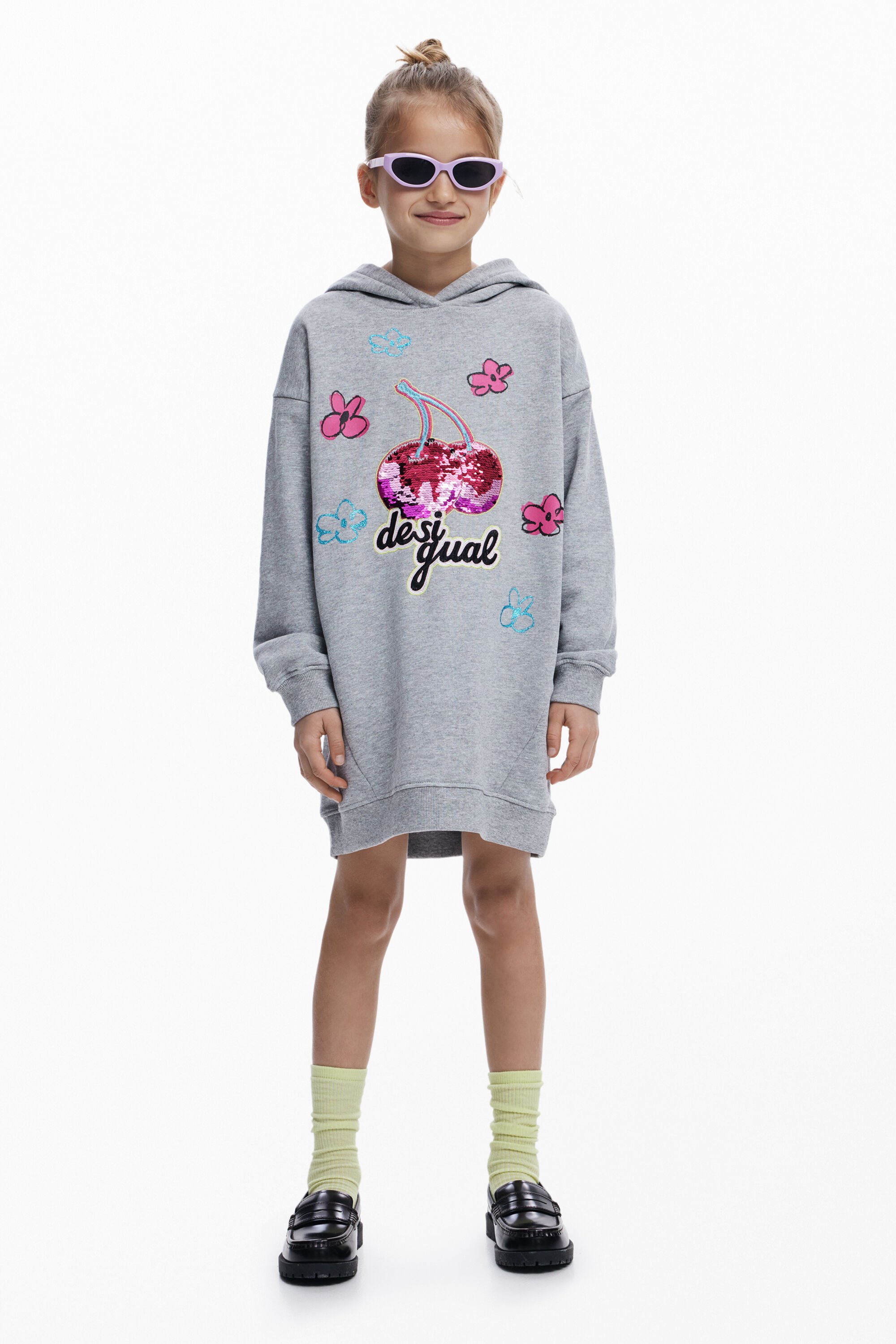 Desigual, Kapuzenkleid mit Kirschen, Kinder, Schwarz, 3/4