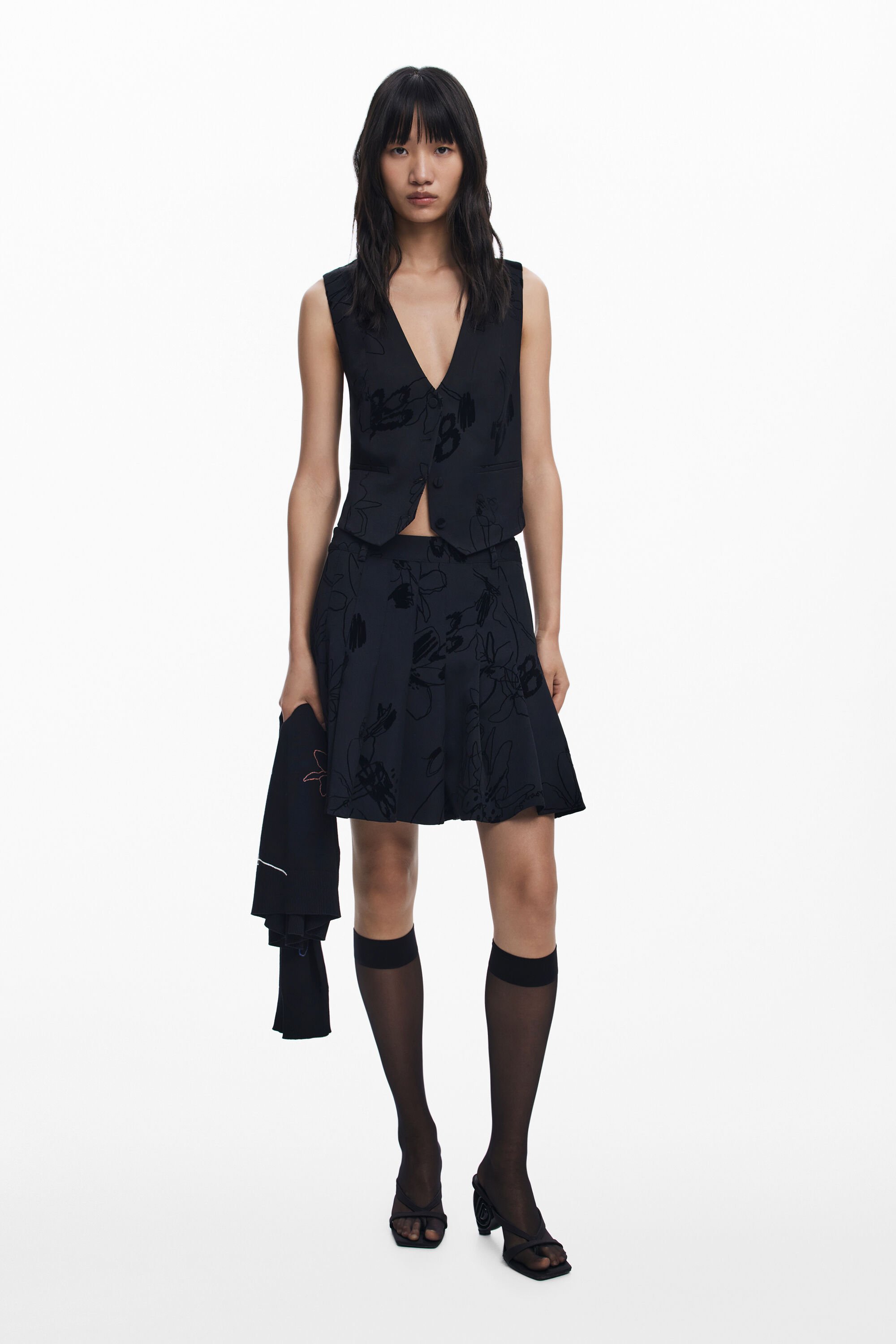 Desigual, Minirock mit Flockdruck und Falten, Damen, Schwarz, XS