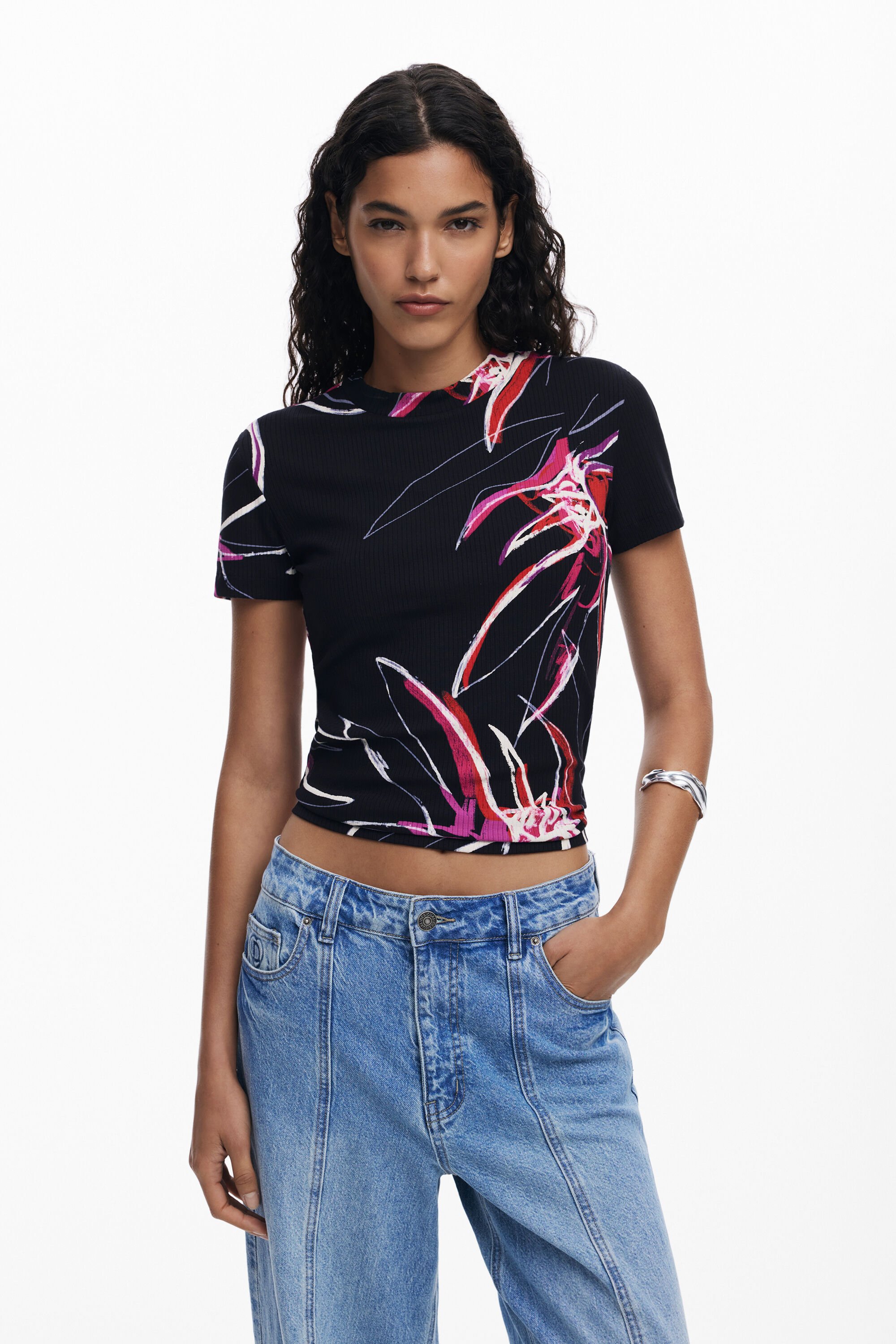 Desigual, T-Shirt mit abstrakten Blumen, Damen, Viskose, Schwarz, M
