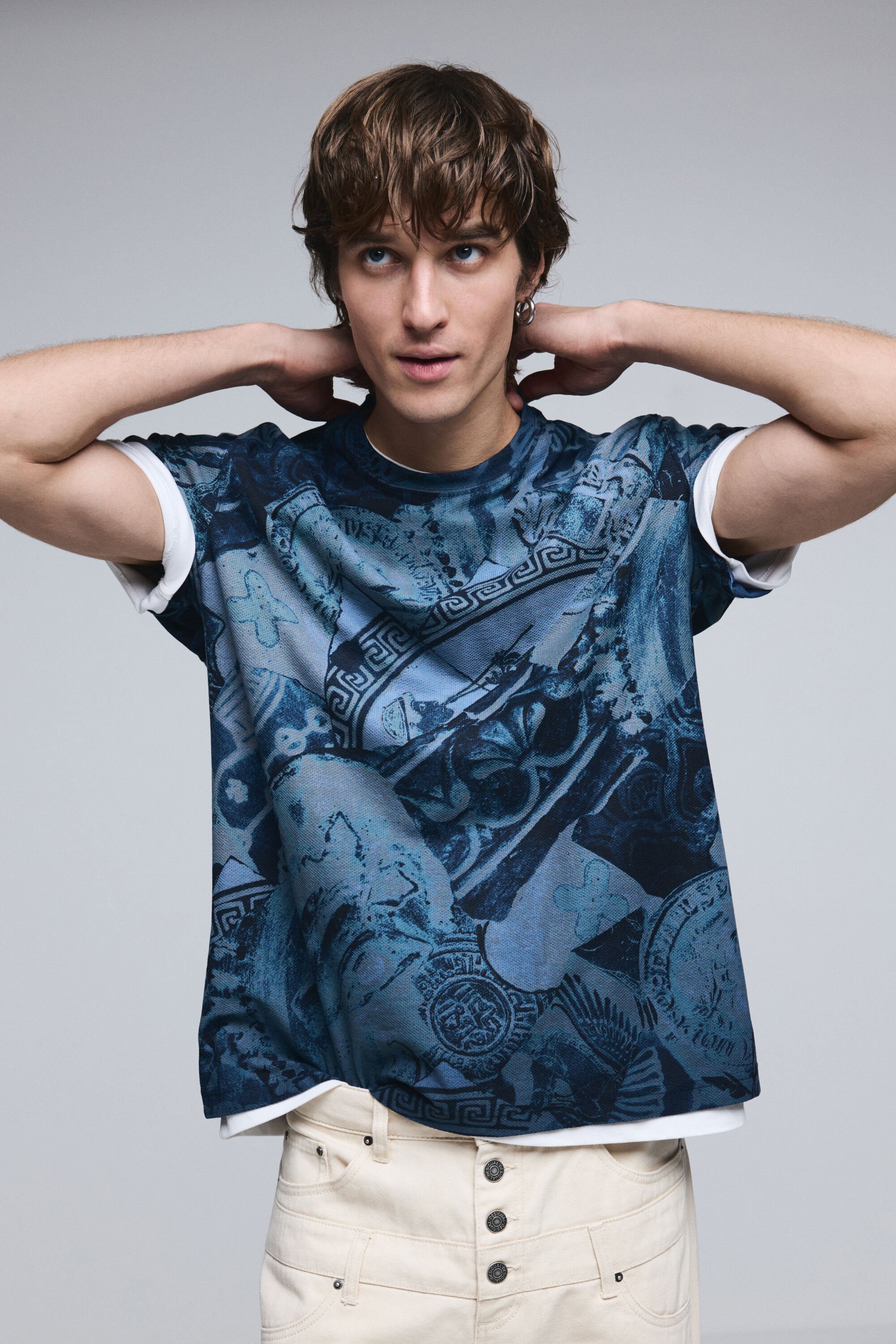 Desigual, Kurzarm-T-Shirt mit Mosaikmuster, Herren, Baumwolle, Blau, XXL